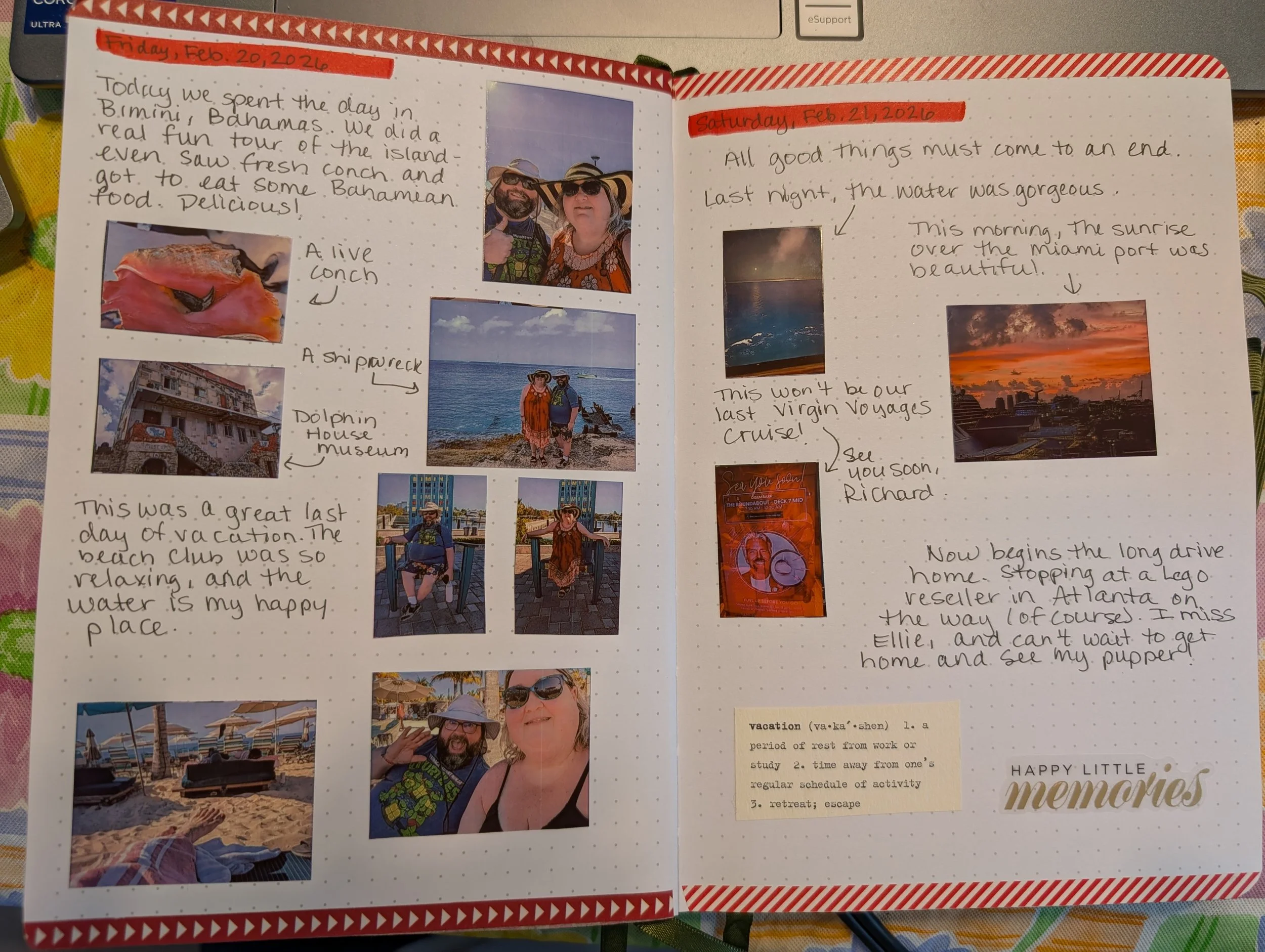 Travel journal with handwritten notes and small printed photos from a trip