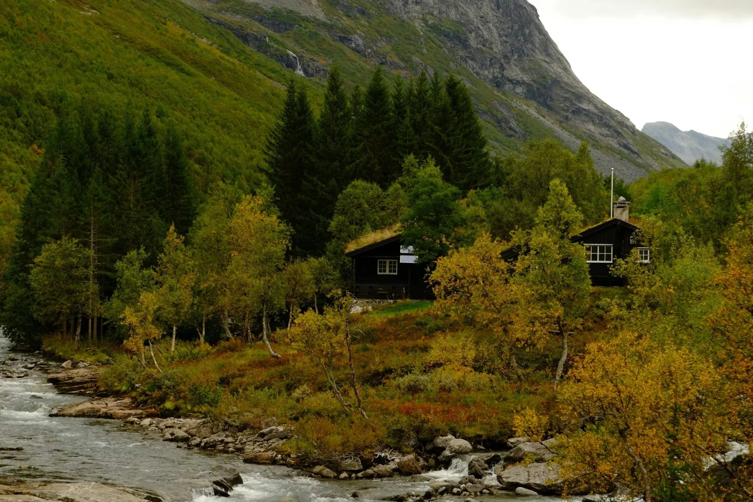 Cabins in the mountains near a stream