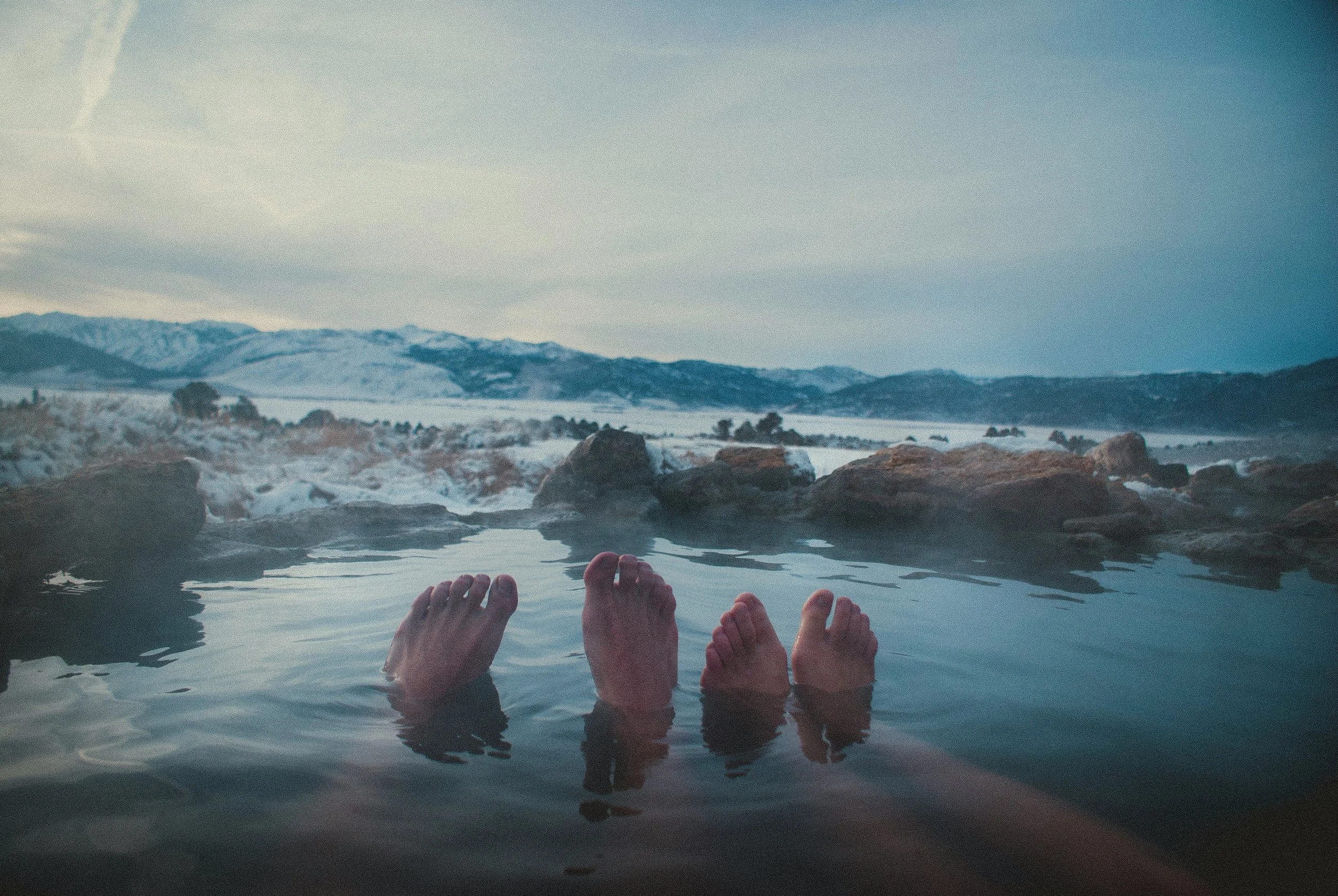 Relaxing in a hot spring with mountain view