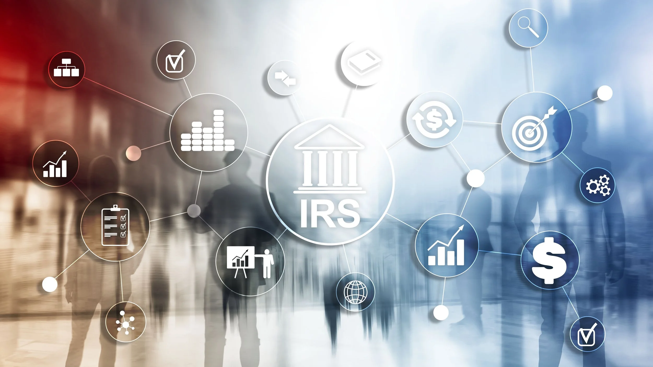 Digital illustration of IRS and financial icons connected by lines, with blurred silhouettes of people in a modern office background.