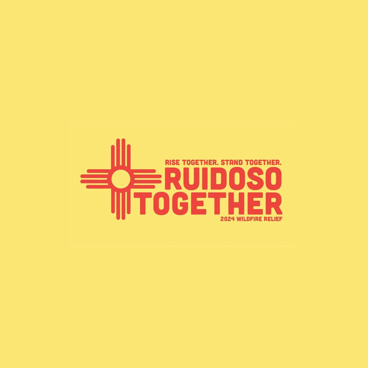 Red and yellow emblem with a symbol and the words 'Ruidoso Together' and '2024 Wildfire Relief' on a yellow background.
