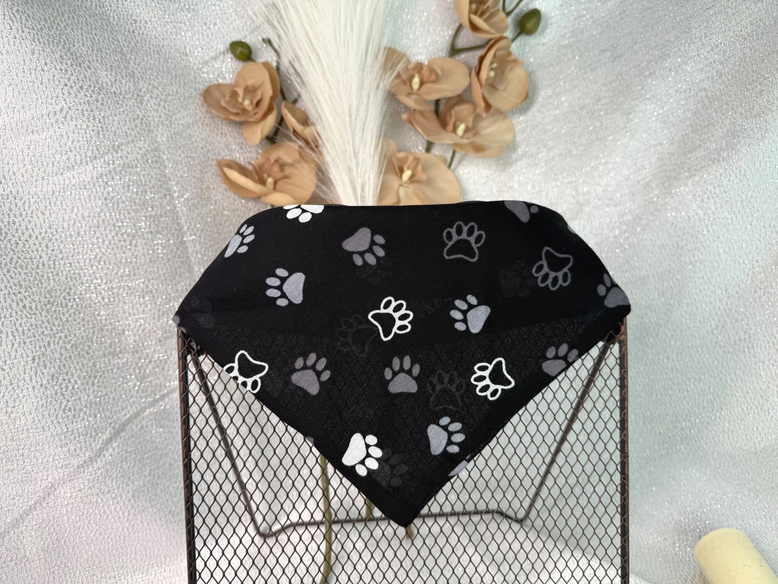 Black Pet Bandana with White Paw Print Design