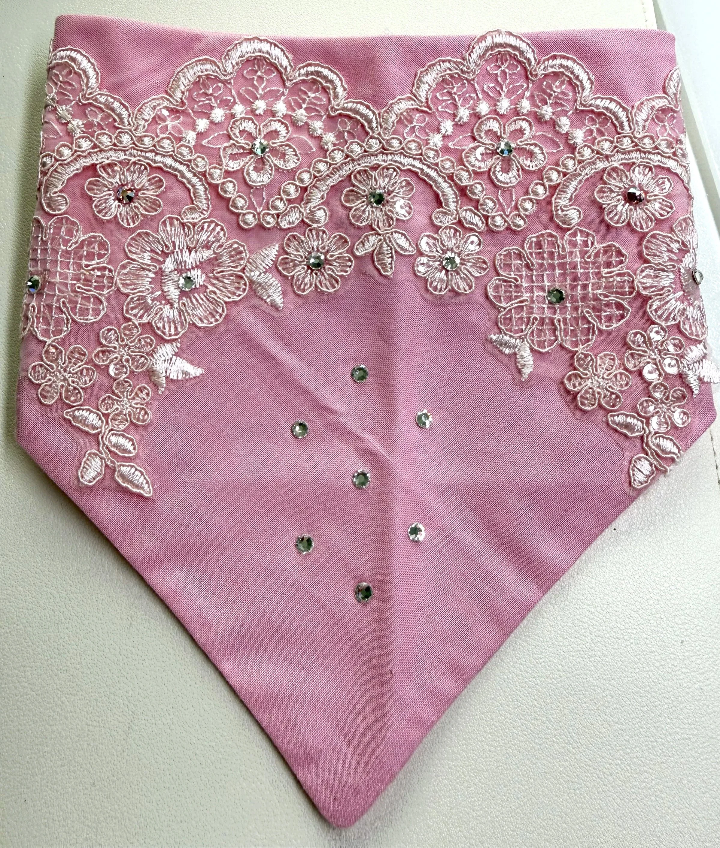 Elegant Pink Pet Bandana with Lace and Rhinestones