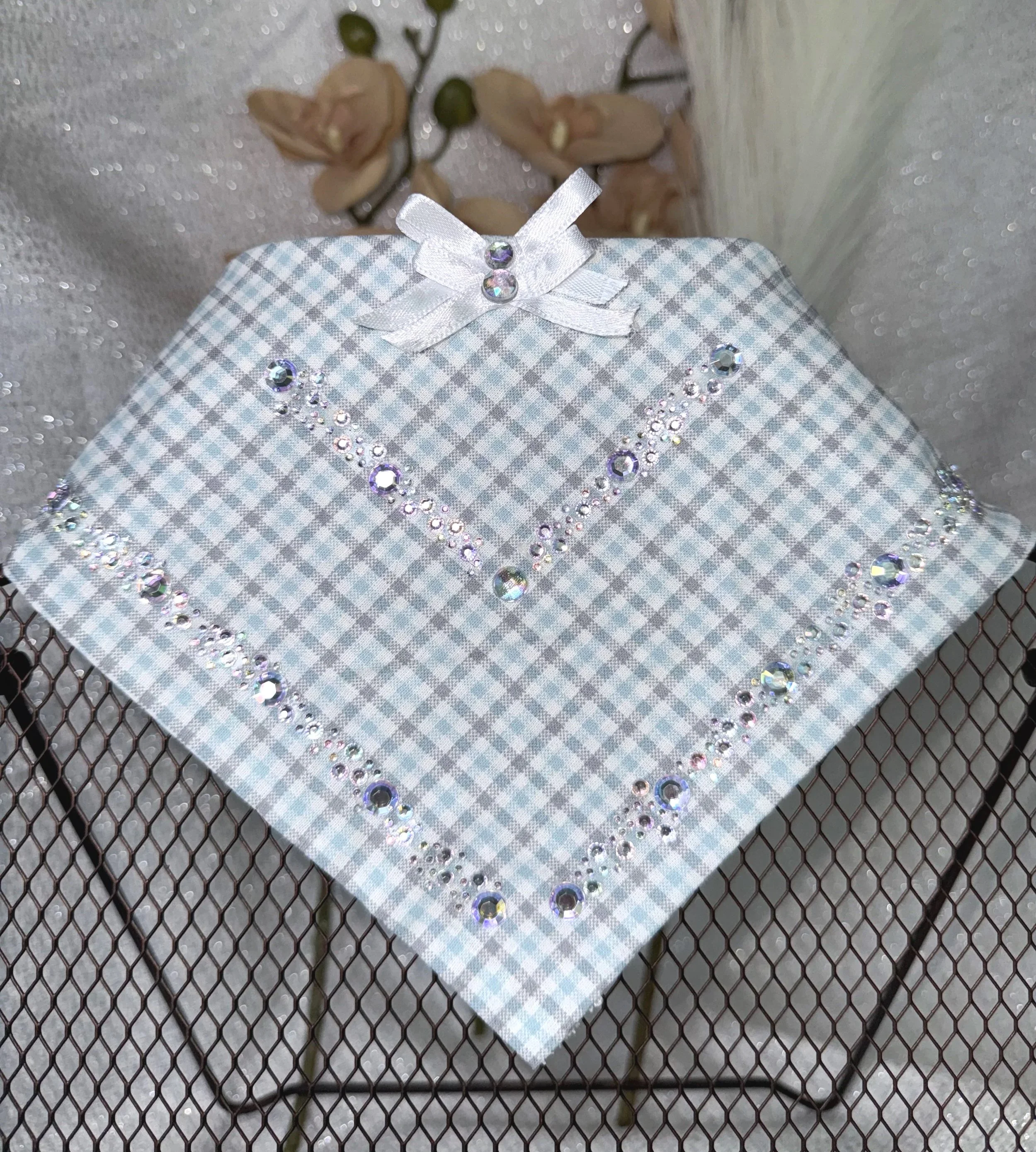 Light blue checkered pattern Bandana with Rhinestones and bows