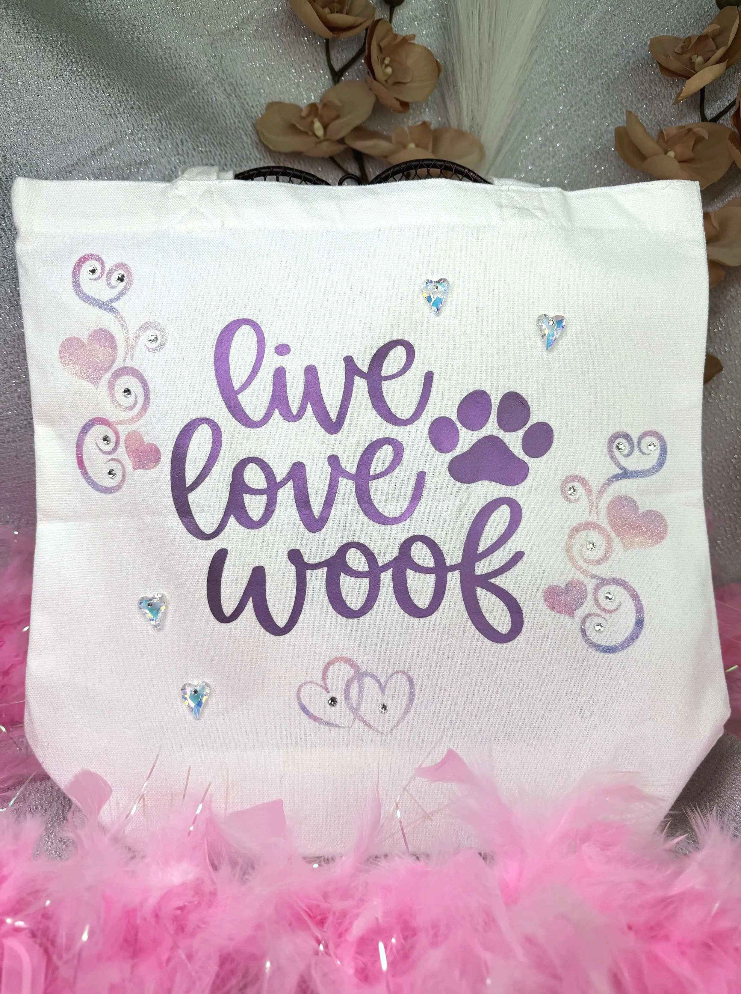"Live, Love, Woof" Embellished Shopping Tote