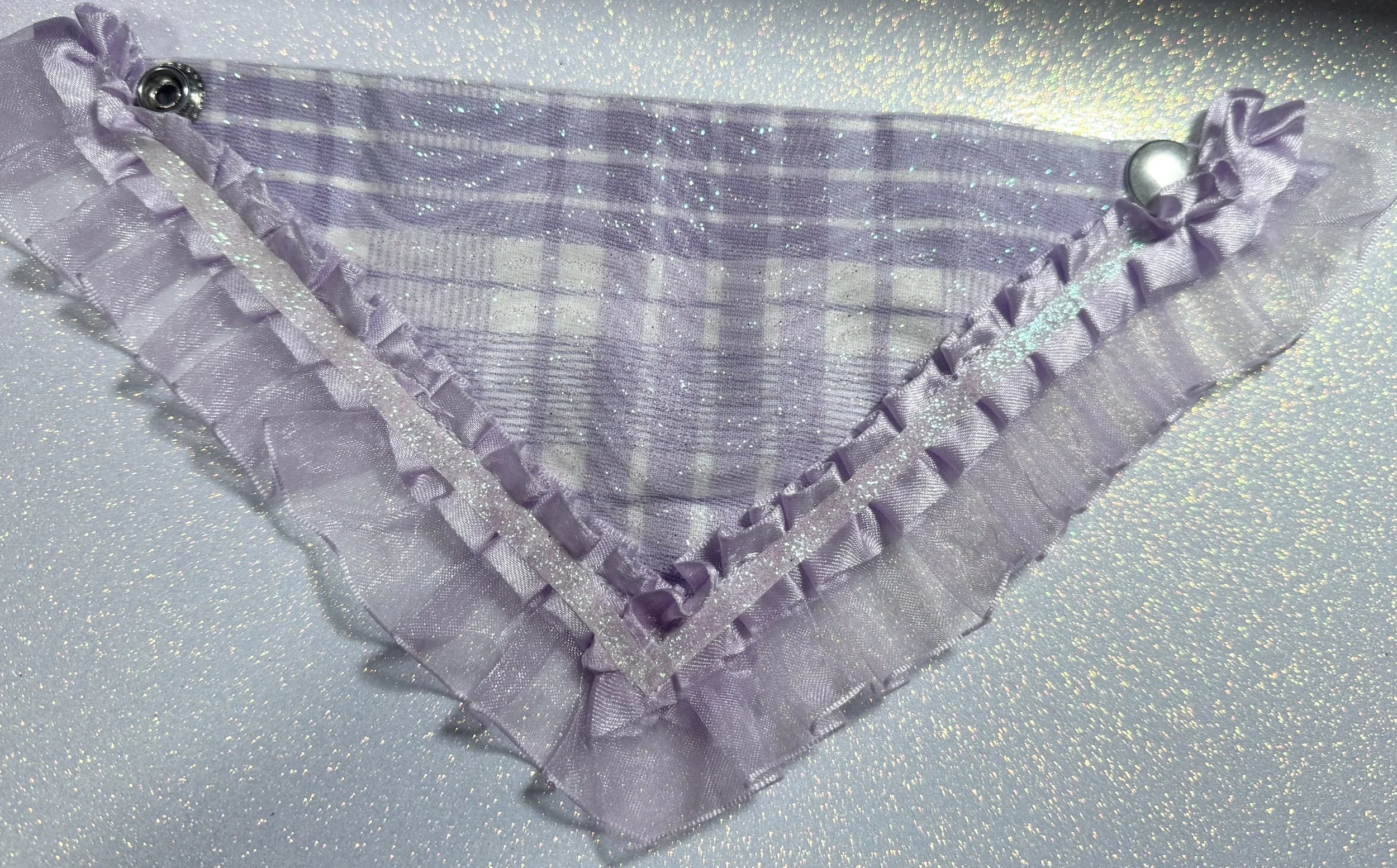 Light purple and white checkered  Pet Bandana with lilac ribbon trim and glittered tulle overlay