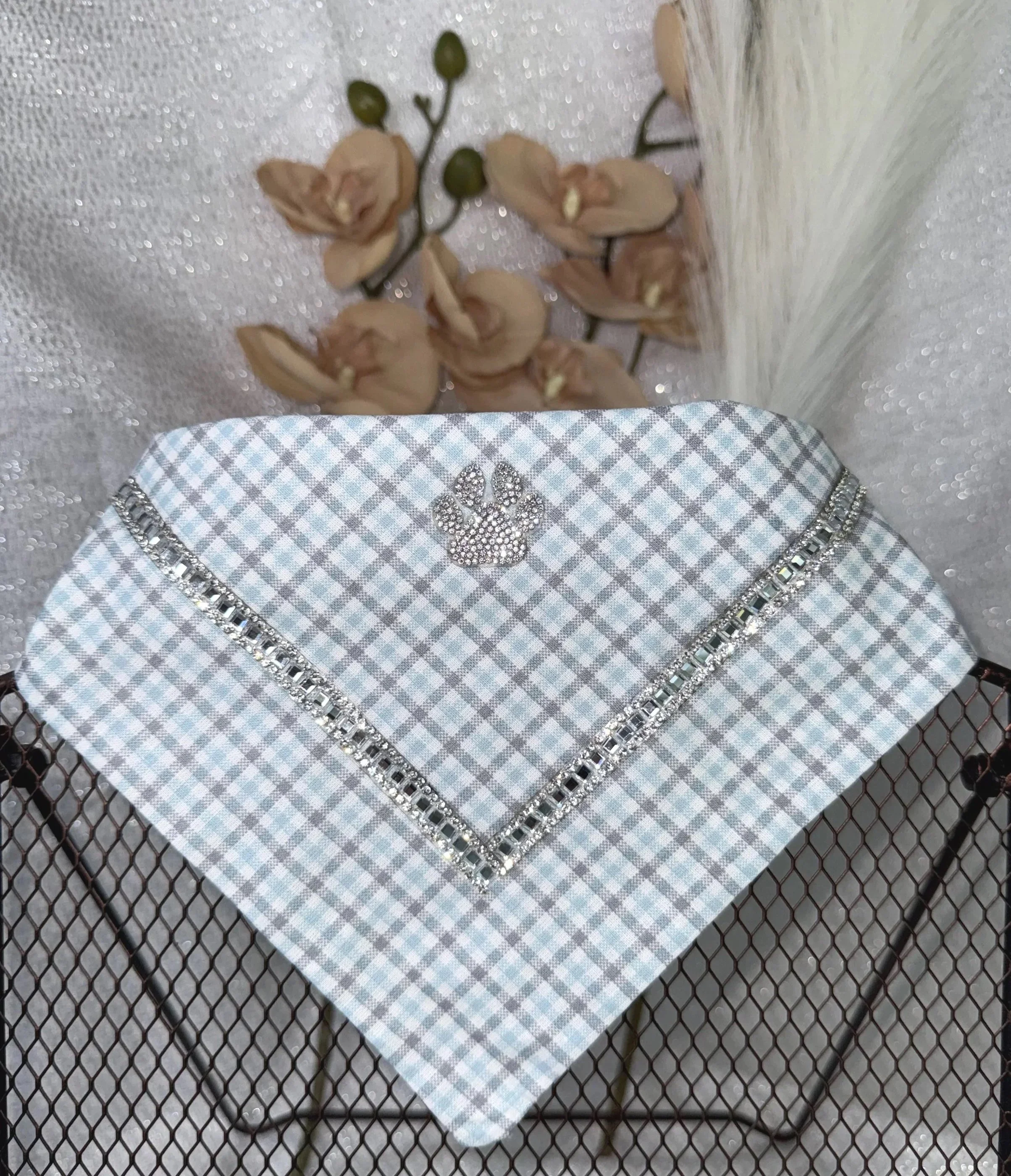 Light blue, white and gray checkered bandana with Rhinestones and Rhinestone Paw-print Appliqué
