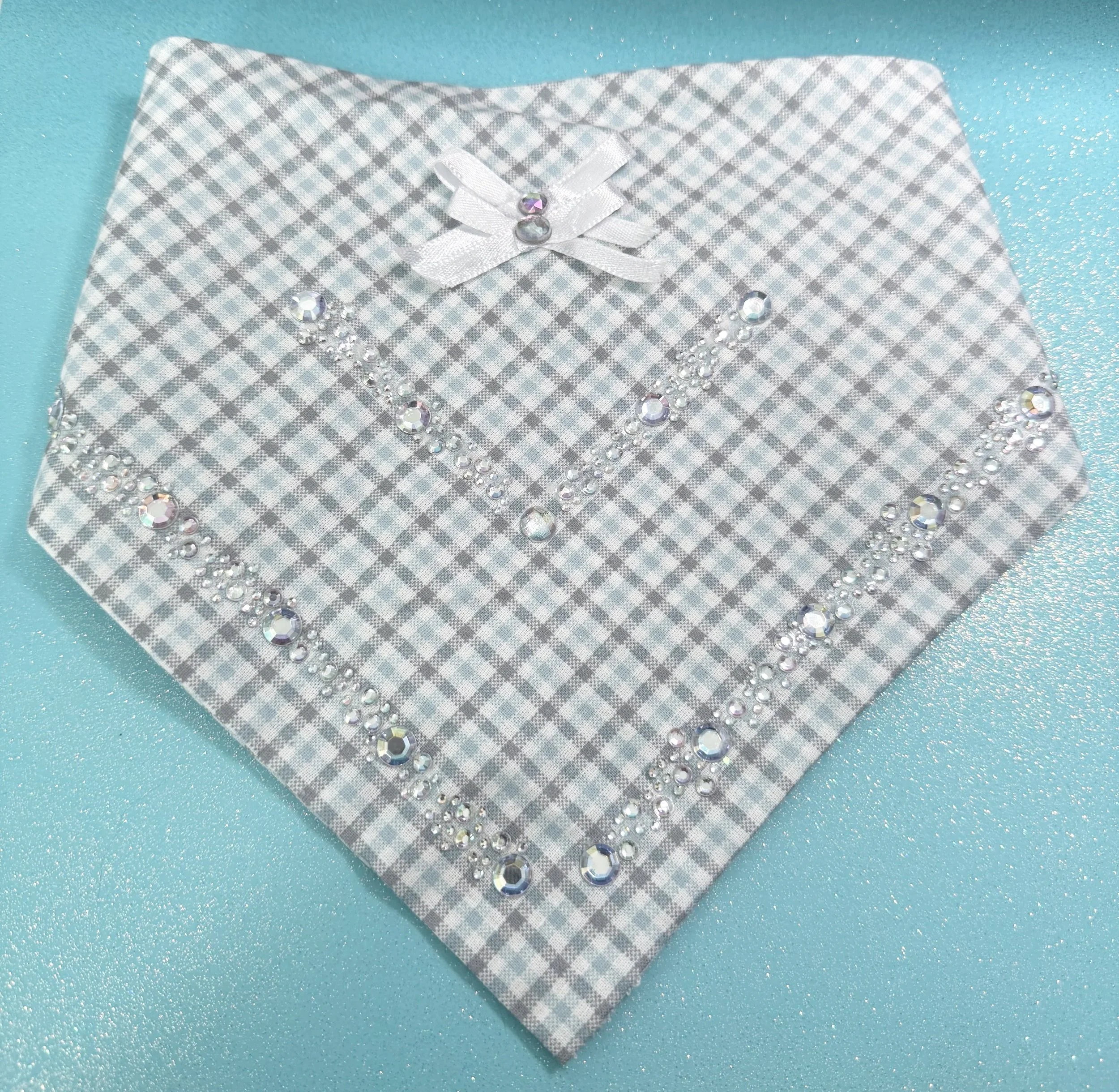 Light blue checkered pattern Bandana with Rhinestones and bows
