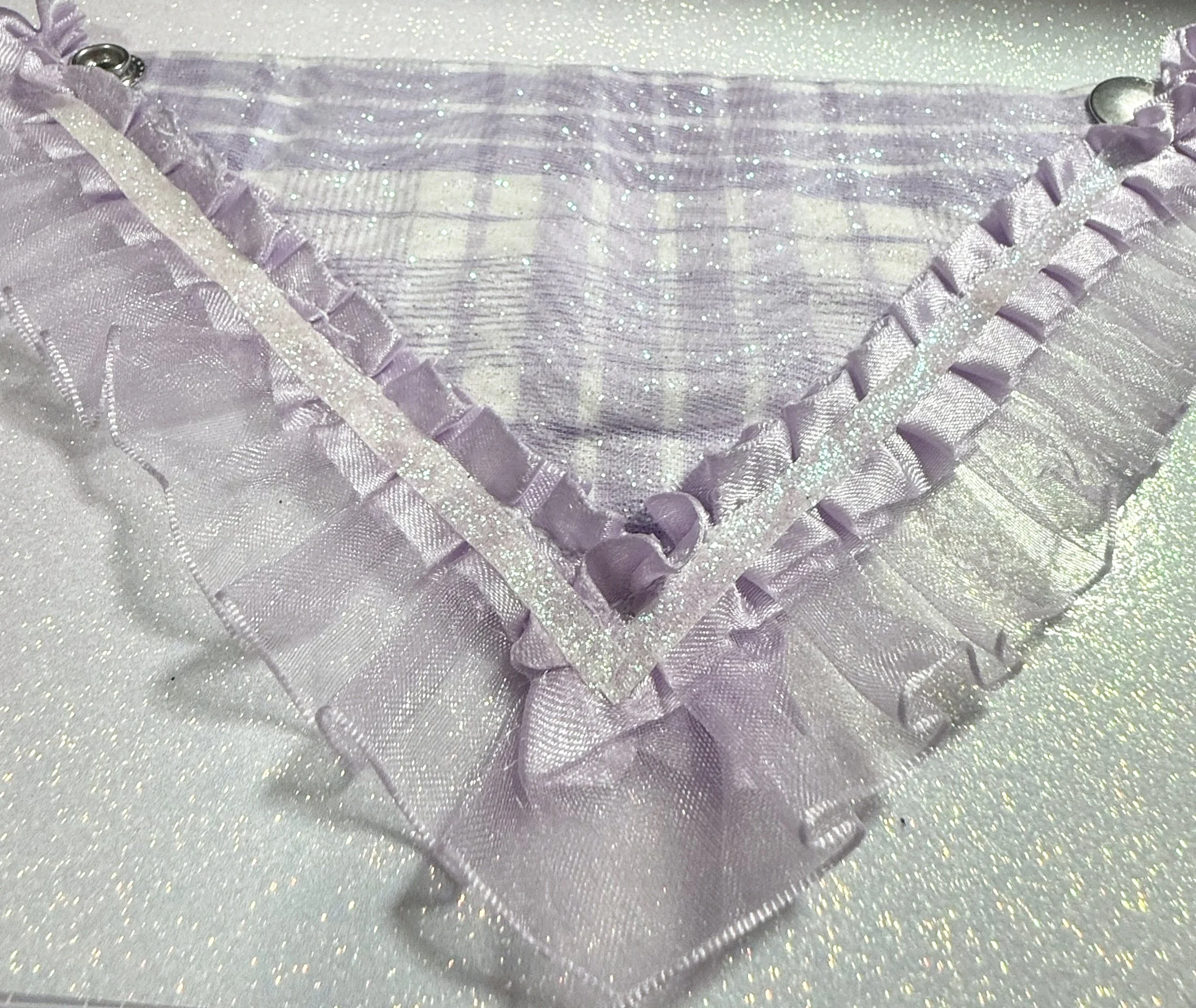 Light purple and white checkered  Pet Bandana with lilac ribbon trim and glittered tulle overlay