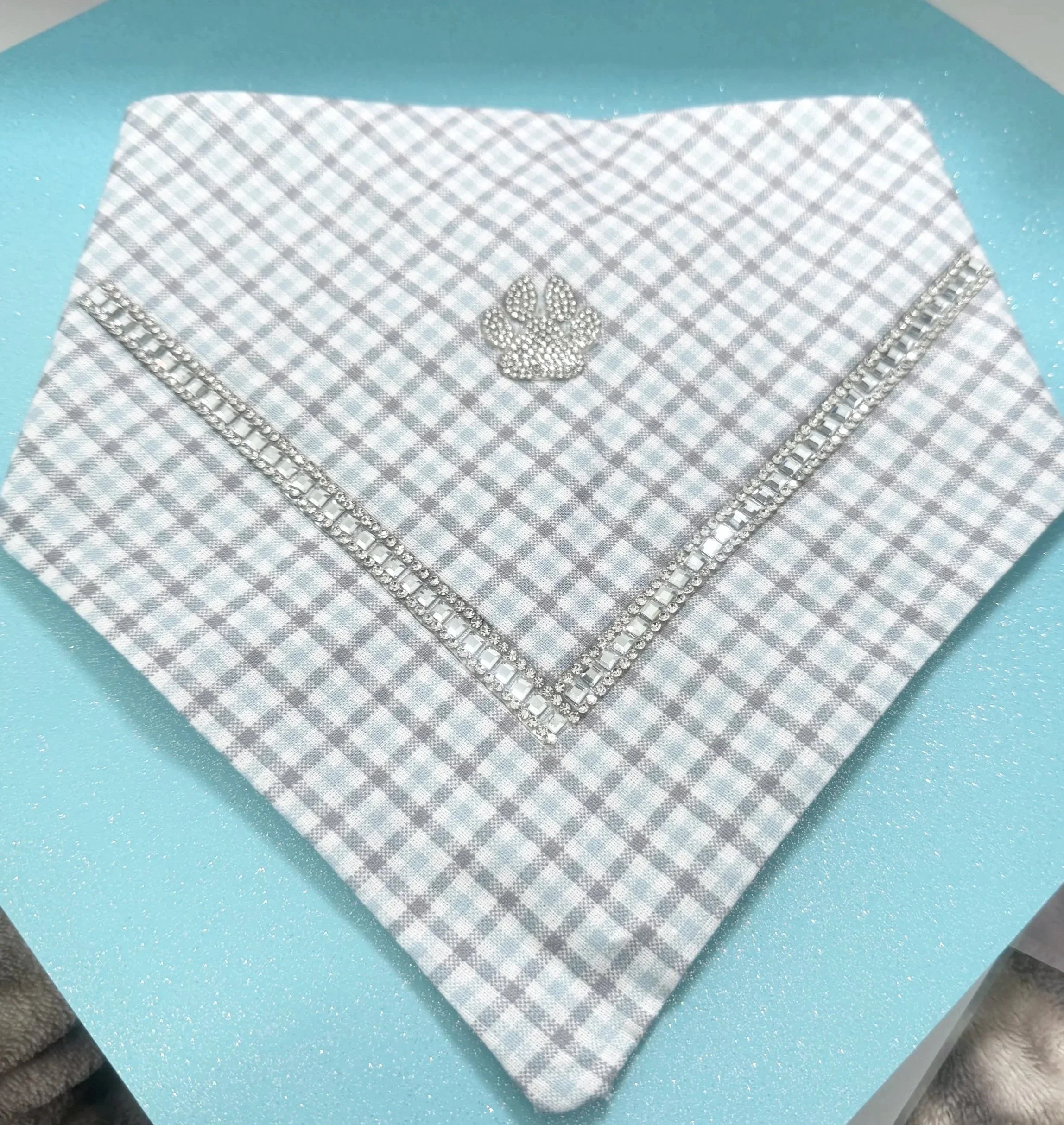Light blue, white and gray checkered bandana with Rhinestones and Rhinestone Paw-print Appliqué