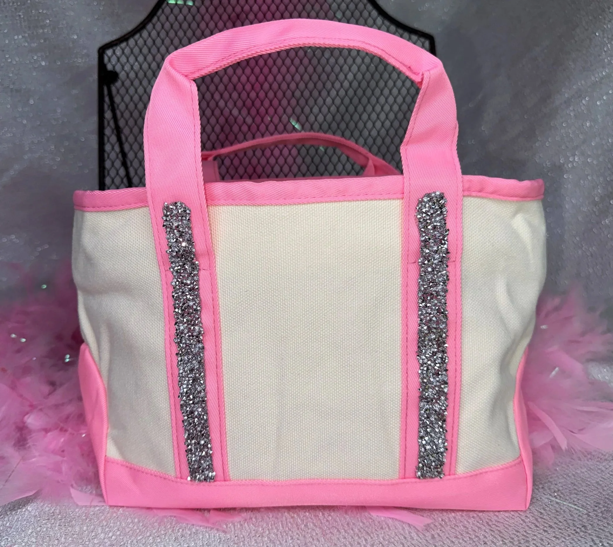 Mini Hot pink and off- white shopping tote with rhinestone embellishments