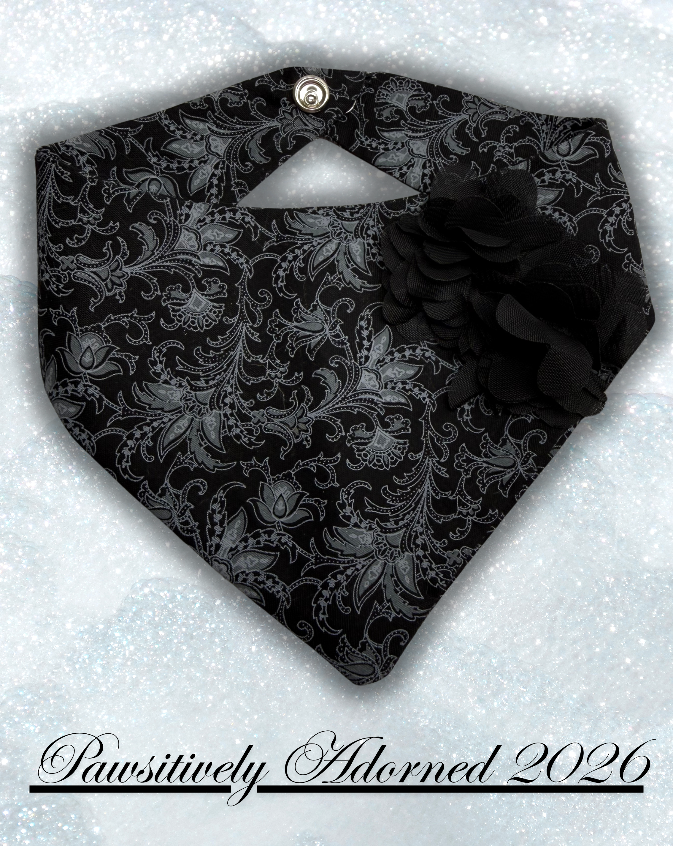 Black and White Regal Print Pet Bandana with a Black Flower Embellishment
