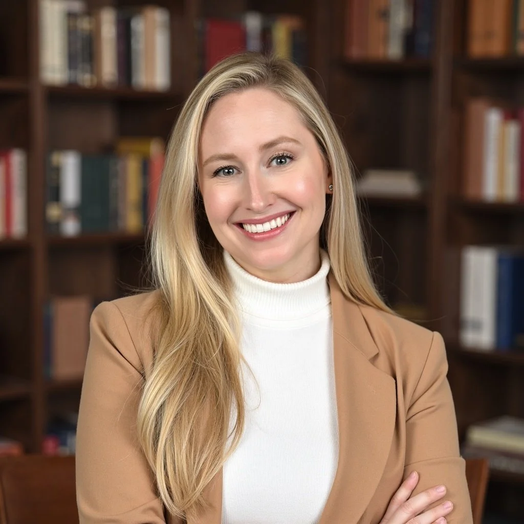 A smiling blonde woman in a tan blazer and white turtleneck poses with her arms crossed in front of a wooden bookshelf filled with books.