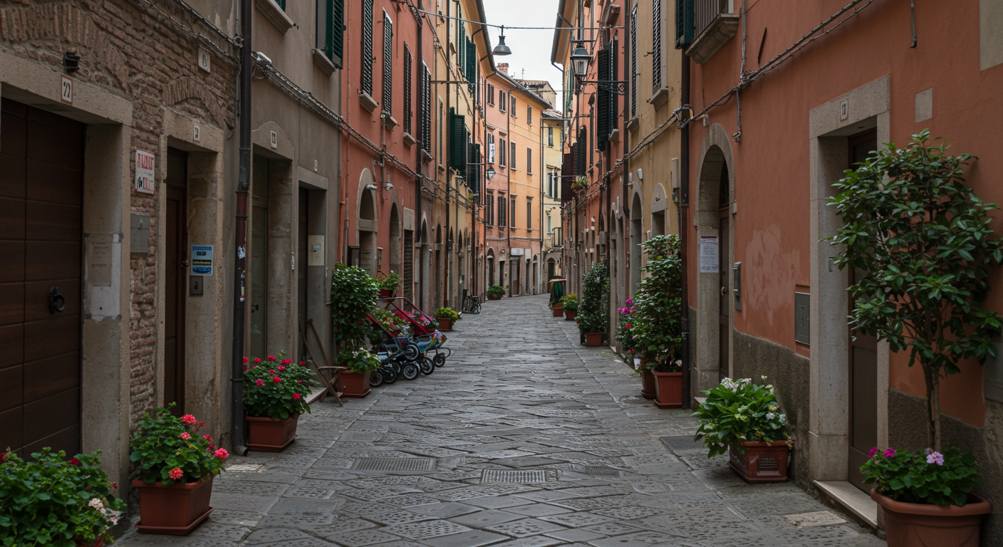 A narrow, cobblestone alleyway in an Italian town with colorful buildings, potted plants, and a few strollers.