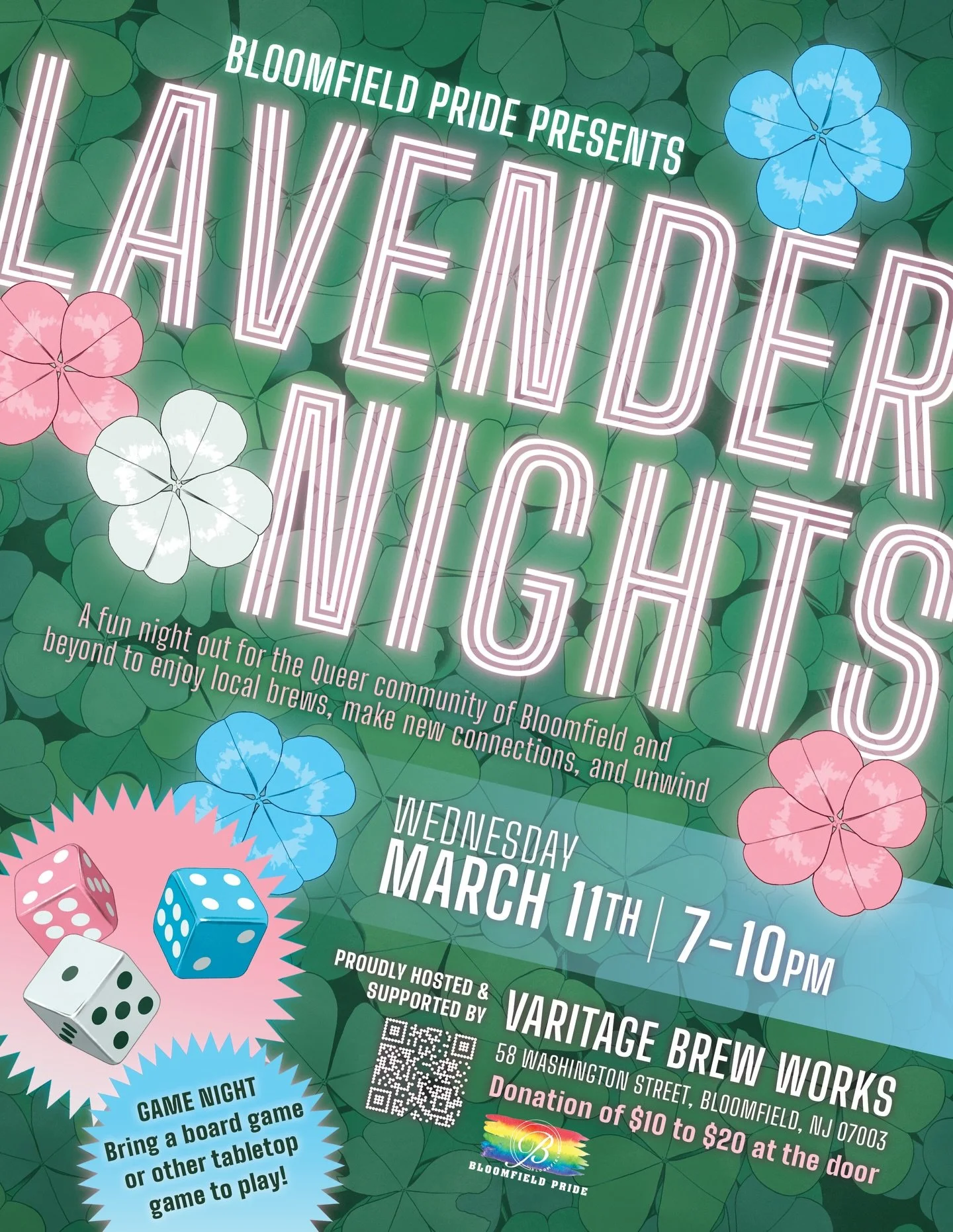 Calling all board and tabletop gaymers 🎲 Save the date for our next Lavender Night!

📅 Wednesday, March 11th, from 7-10pm
📍 Varitage Brew Works, at 58 Washington Street, Bloomfield
🫰$10-20 donation at the door
✨Bring a favorite board or other tab