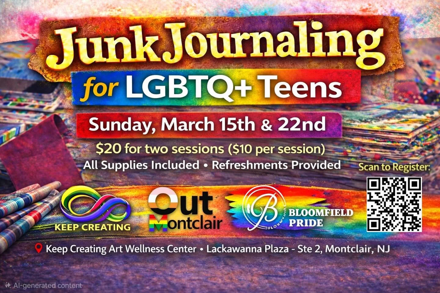 🏳&zwj;🌈🏳&zwj;⚧ Bloomfield Pride and Out Montclair invite our communities LGBTQ+ teens to join us for some Junk Journaling at Keep Creating! 🏳&zwj;⚧🏳&zwj;🌈

This workshop is designed especially for LGBTQ+ teens who want to explore identity, crea