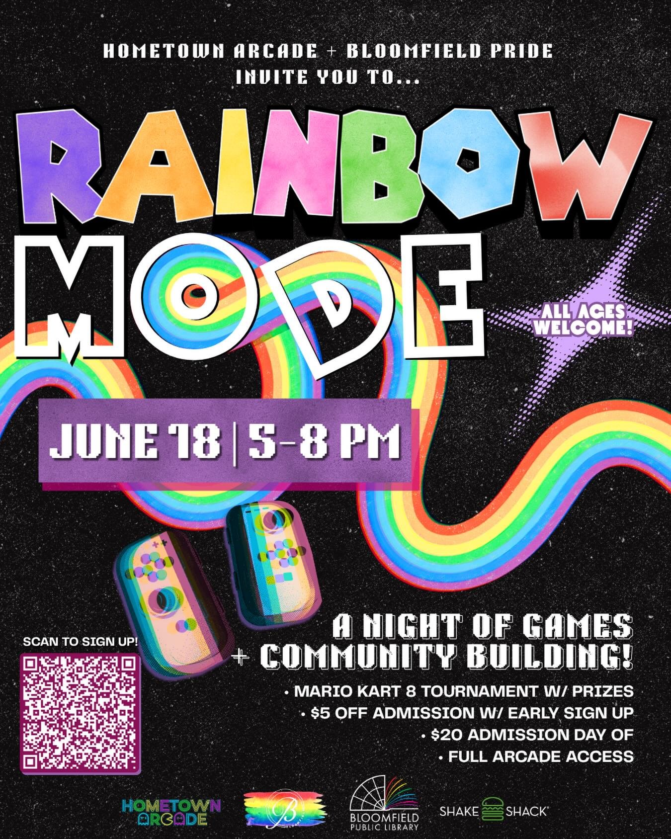 Hometown Arcade and Bloomfield Pride are so excited to invite you to Rainbow Mode, a celebration of Pride for LGBTQ+ and allied gamers, friends, and family of all ages!

Join us next Thursday, June 18th, from 5-8pm at 85 Washington Street for communi