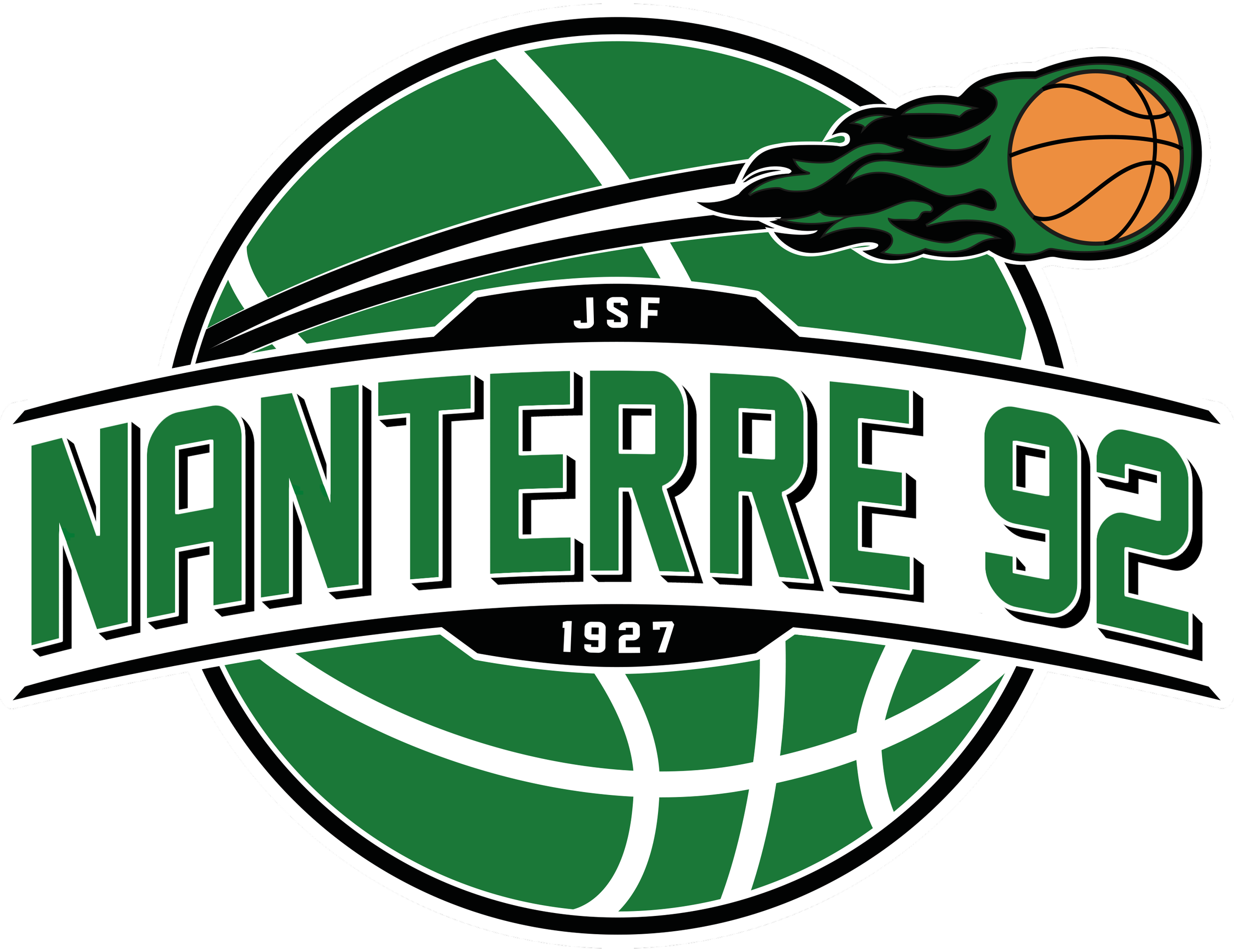 Logo de l'équipe de basketball Nanterre 92, avec un ballon de basketball en feu dans le coin supérieur droit, le tout sur un fond représentant un ballon de basket vert.