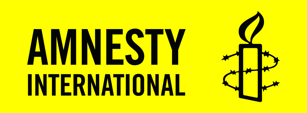 Logo jaune avec texte noir 'Amnesty International' et une bougie entourée de fil de barbelé