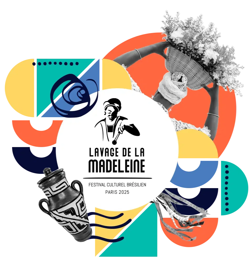 Logo du festival culturel brésilien 'Lavage de la Madeleine' Paris 2025, avec illustrations de fleurs, poterie, et une figure en train de laver, styles colorés et graphiques.