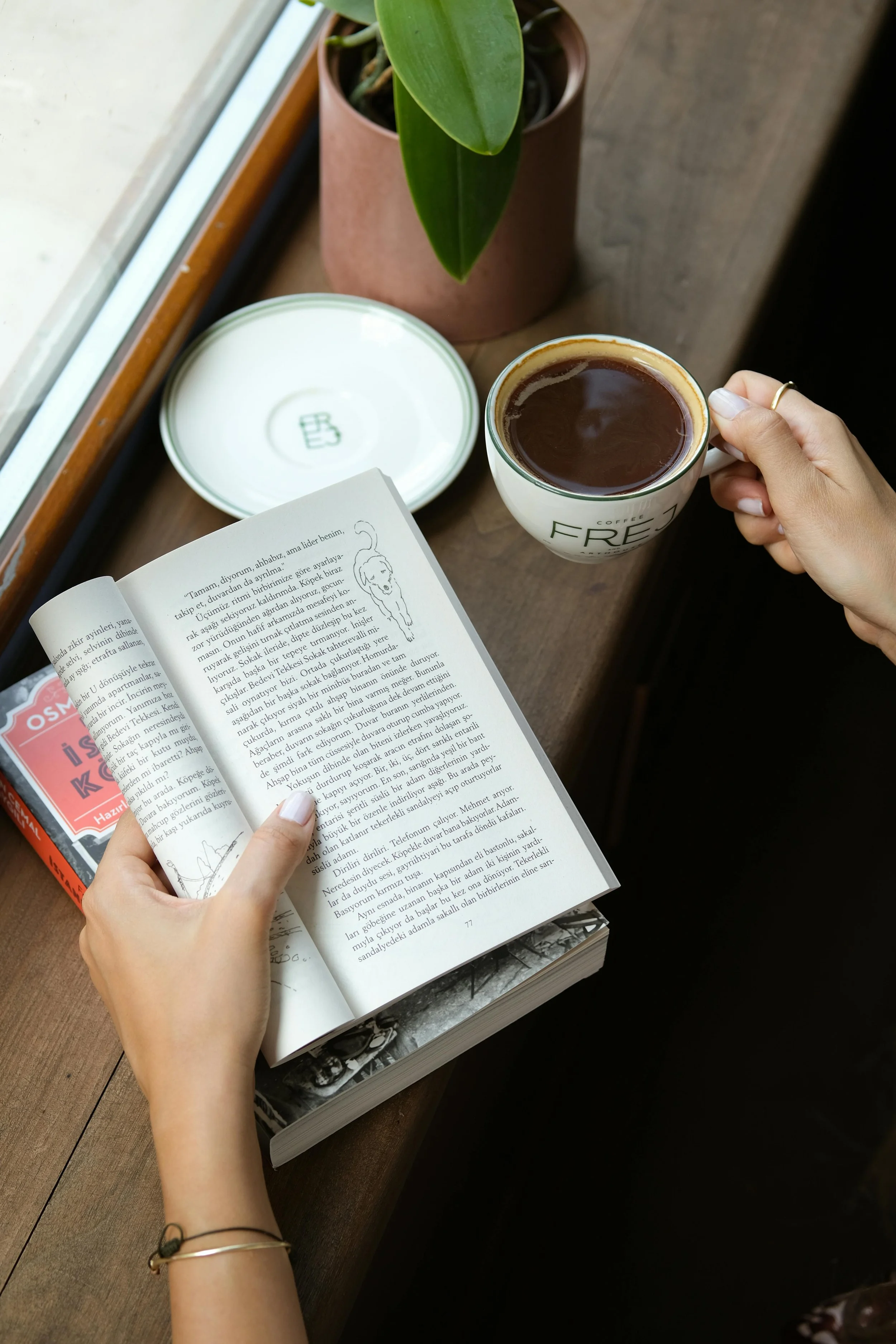 Person holding a mug of coffee near an open book, with a potted plant in the background on a wooden table.