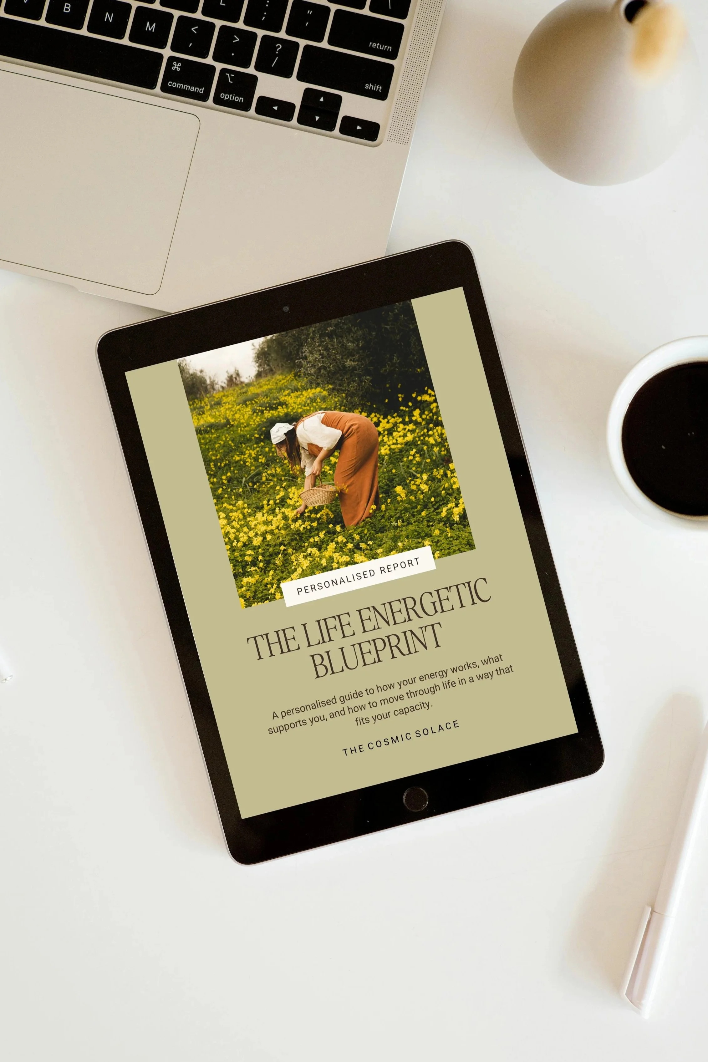 A tablet displaying a report titled "The Life Energetic Blueprint" with a photo of a woman harvesting flowers in a field on the screen. The tablet is on a white desk alongside a laptop, a cup of coffee, a white pen, and a beige vase.