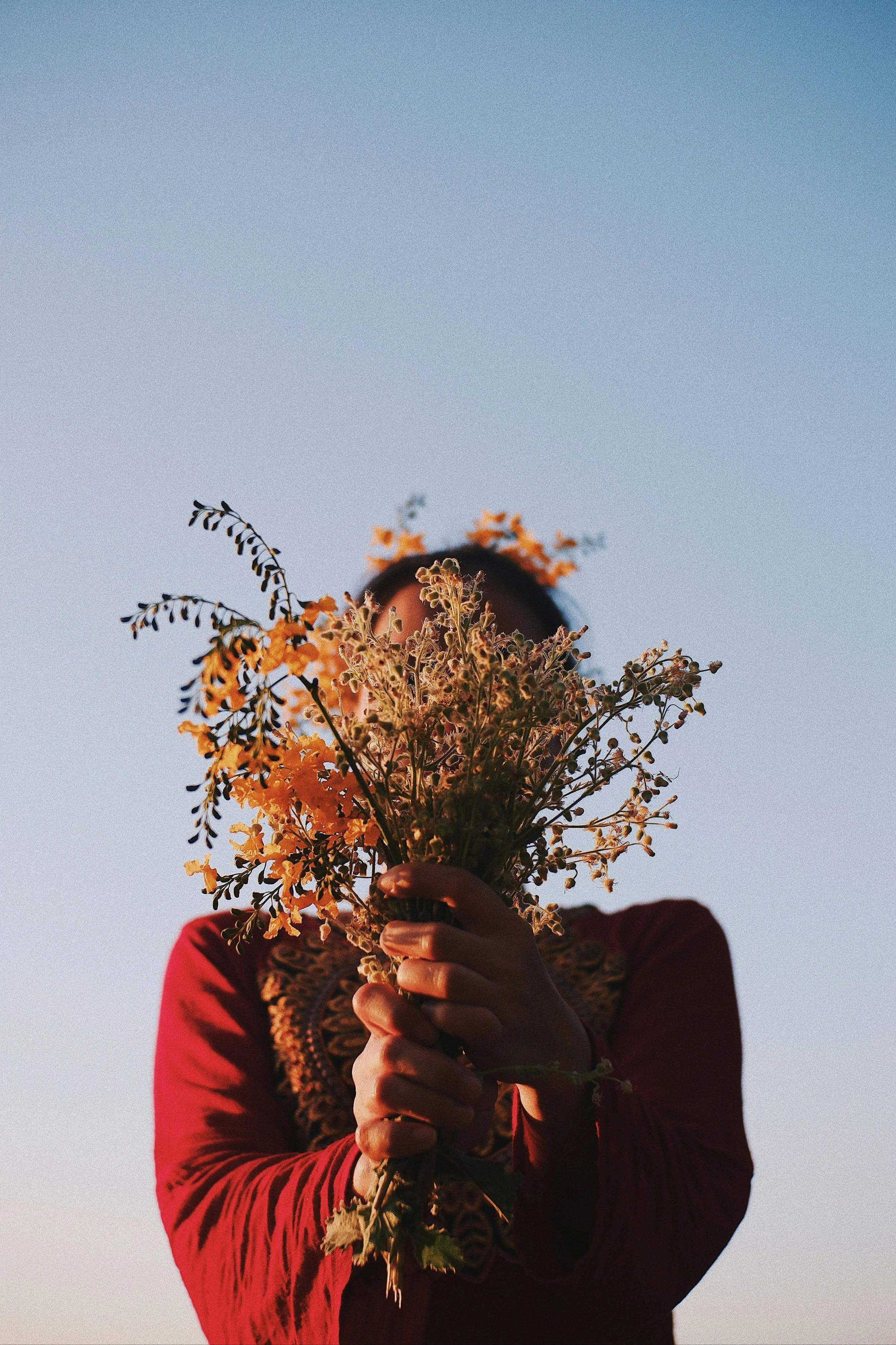 Person holding a bouquet of yellow and white flowers, with the face partially obscured by the bouquet, against a clear blue sky.