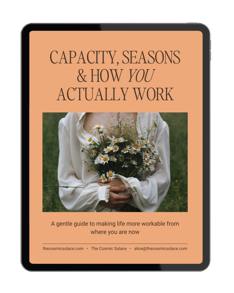 An ebook cover titled 'Capacity, Seasons & How You Actually Work' featuring a person holding a bouquet of daisies in a field.