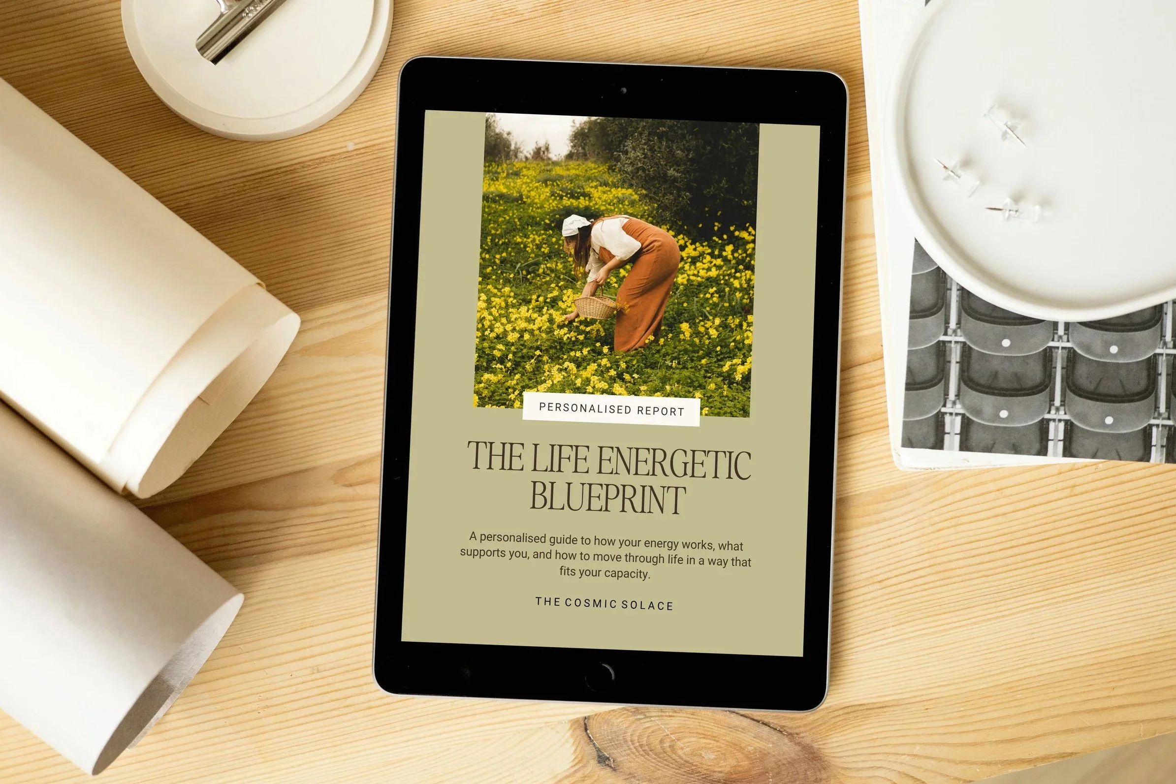 The image shows an iPad on a wooden desk displaying a book cover titled "The Life Energetic Blueprint" with a subtitle about a personalized guide to energy and life. There are some white plates, a white round container, and a tray with what looks like clips or pins around the desk.