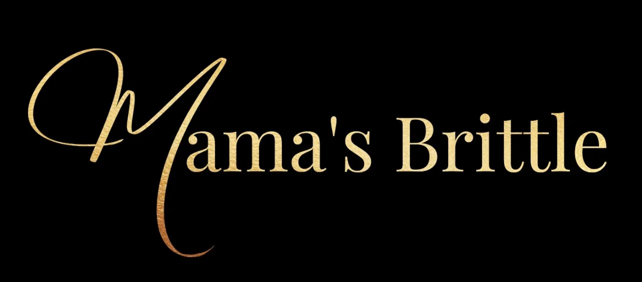A gold gradient Mama's Brittle logo with a black background.