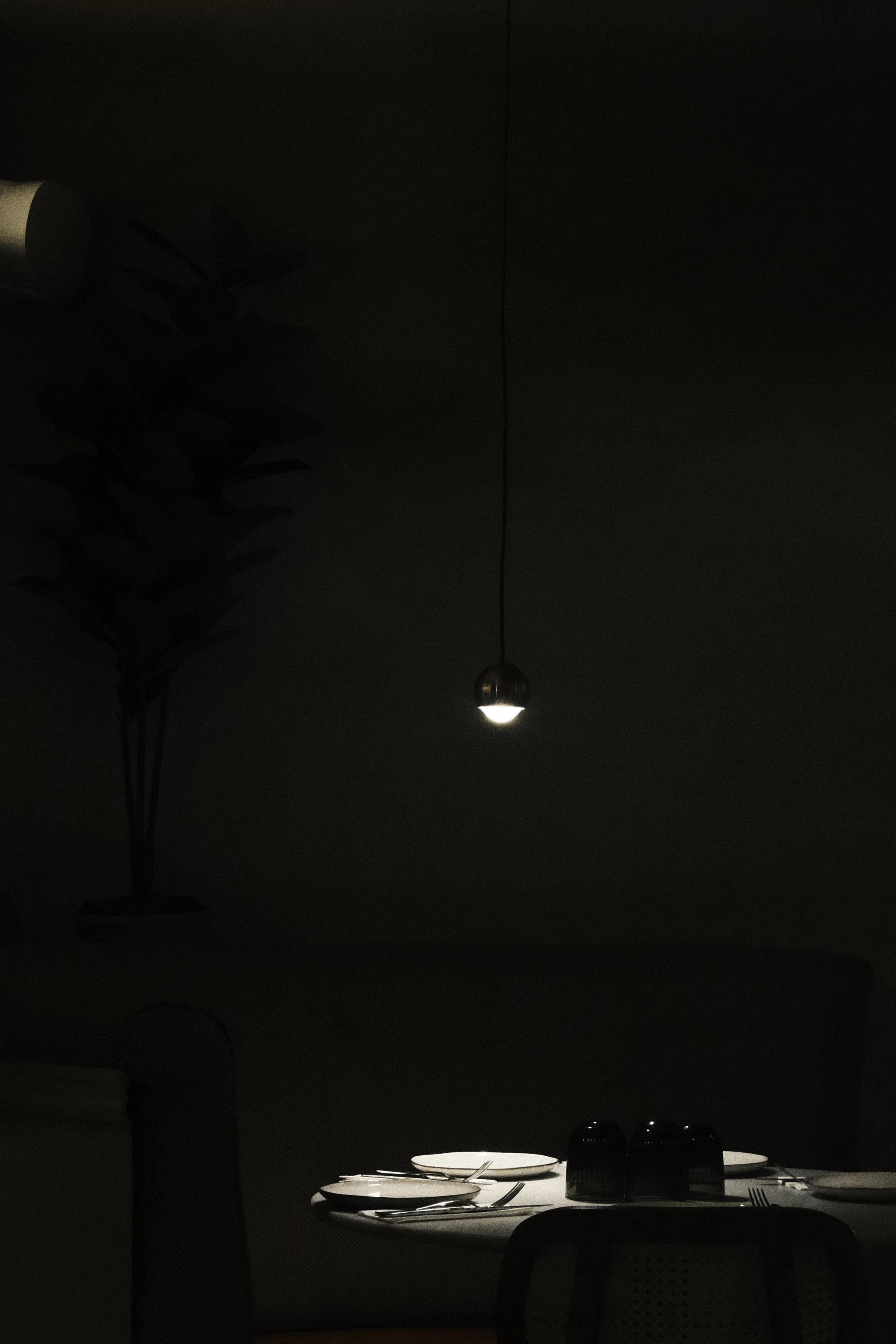 A dimly lit dining room with a table set for four, including plates, glasses, and silverware. A single pendant light hangs from the ceiling, illuminating the table. There is a plant visible on the left side of the image.