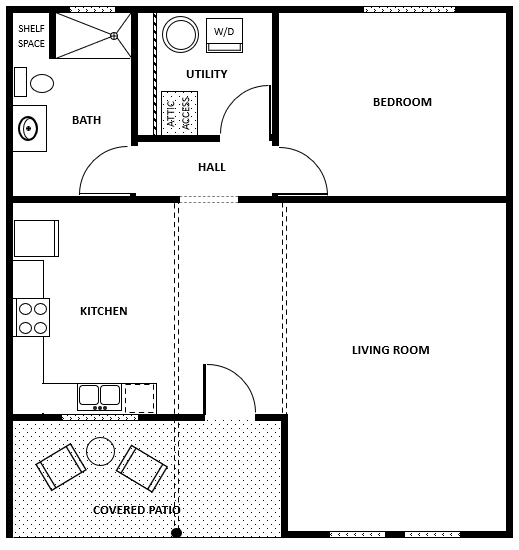 Floor plan of a one-bedroom apartment with a kitchen, living room, bedroom, bathroom, utility room, hallway, and covered patio.