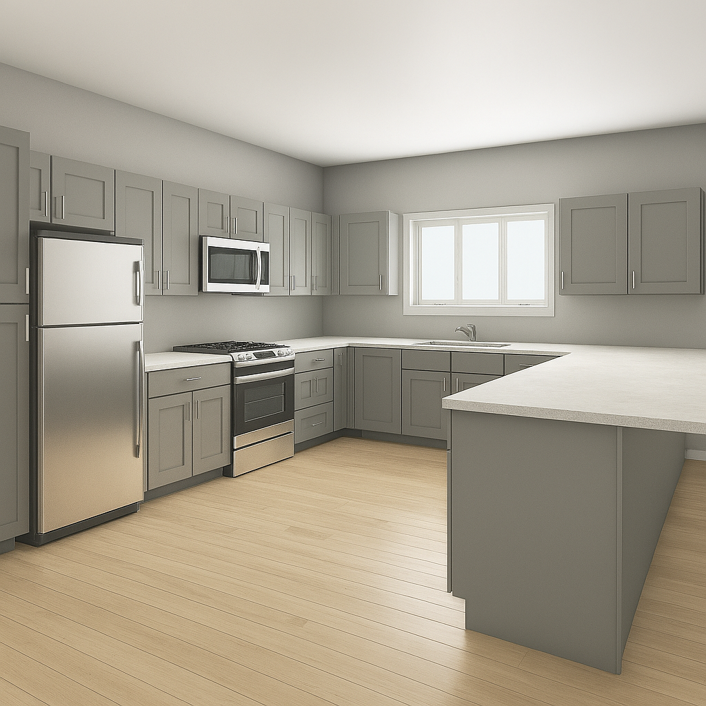 Modern kitchen with gray cabinets, stainless steel appliances, a window over the sink, and light wooden flooring.