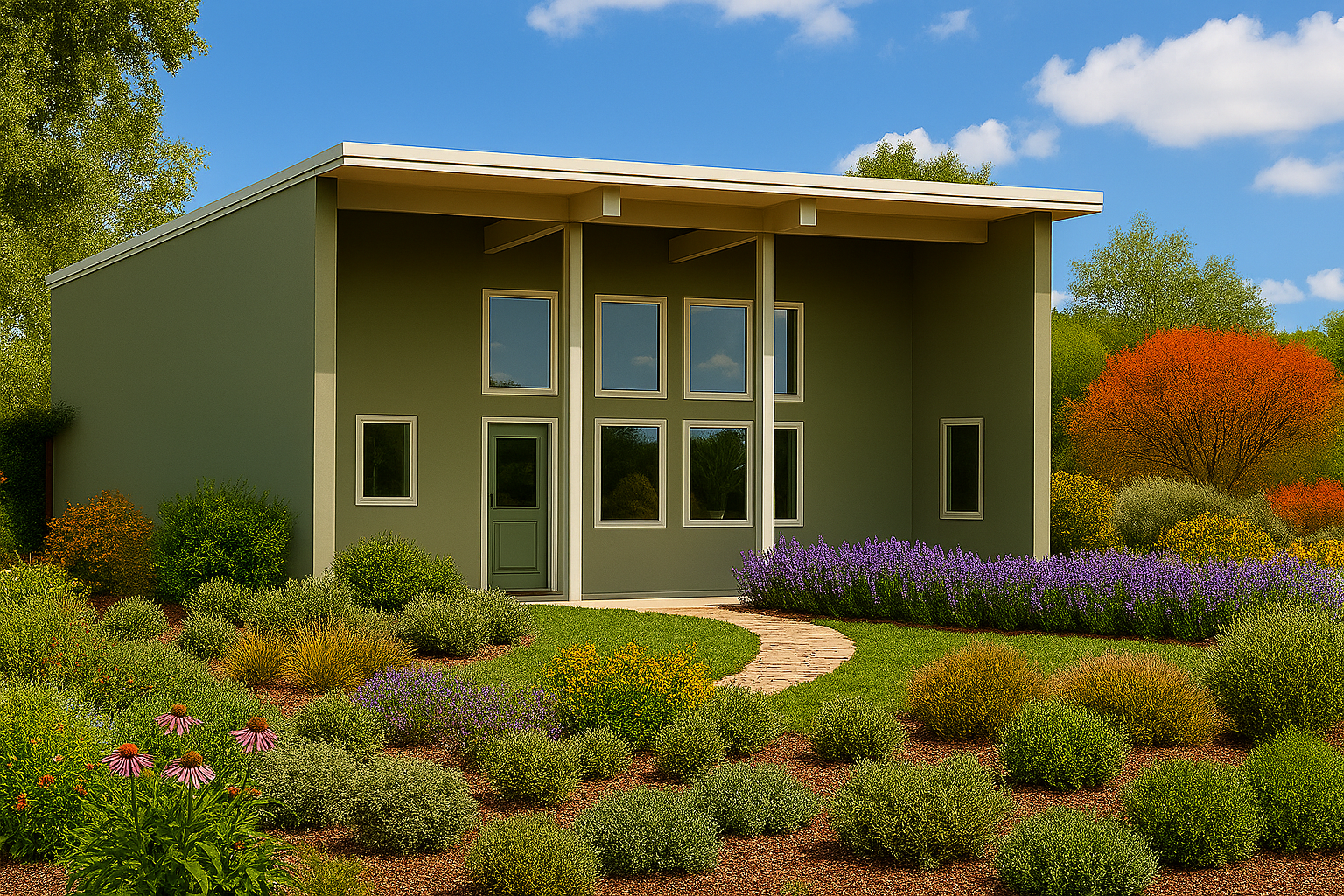 A modern, green two-story house with large windows, surrounded by a landscaped garden with purple and orange flowers, and green trees in the background under a blue sky with scattered clouds.