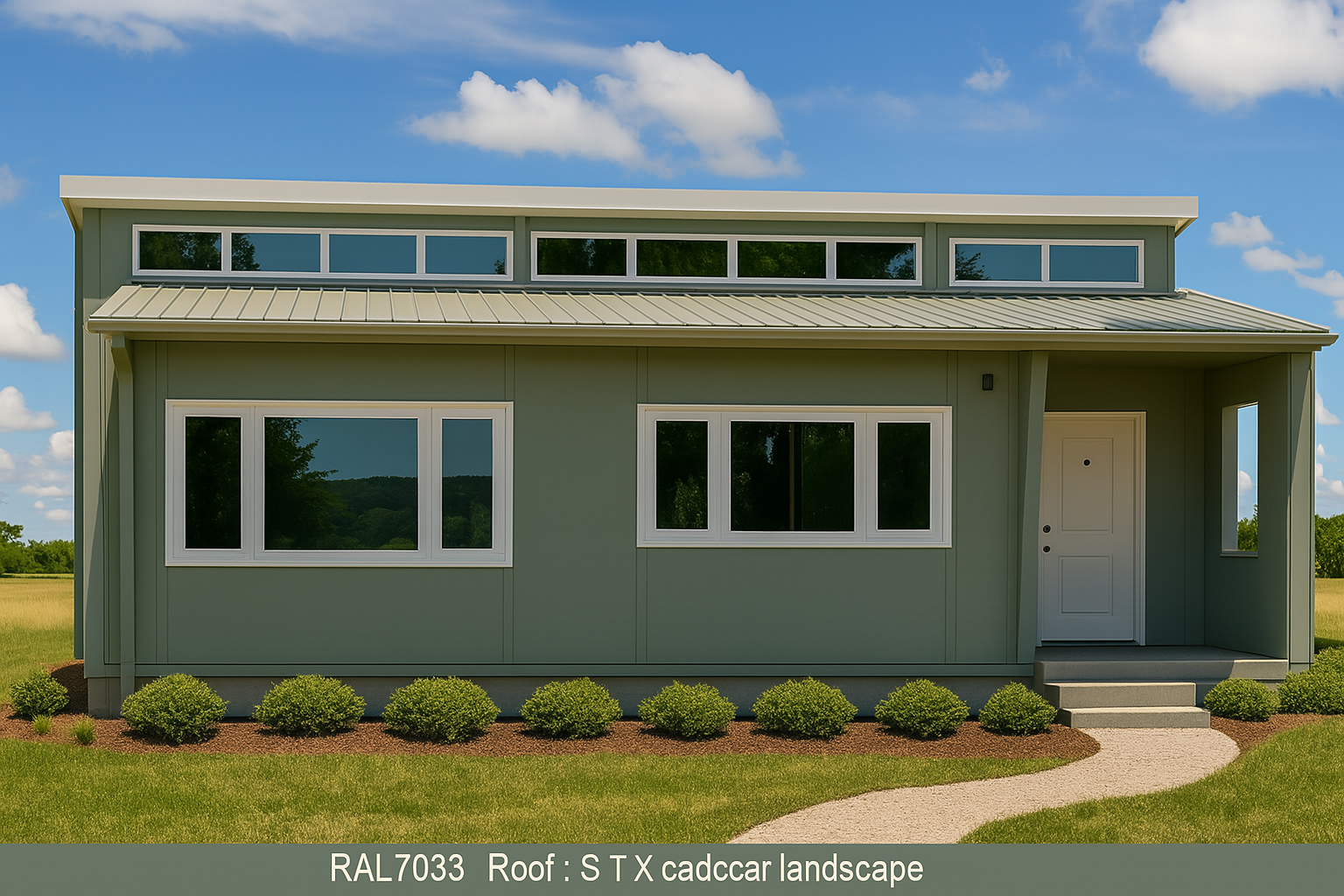 A modern, two-story house with a green exterior, multiple white-framed windows, a metal roof, a small front porch with steps, and a landscaped yard with green bushes under a blue sky with white clouds.