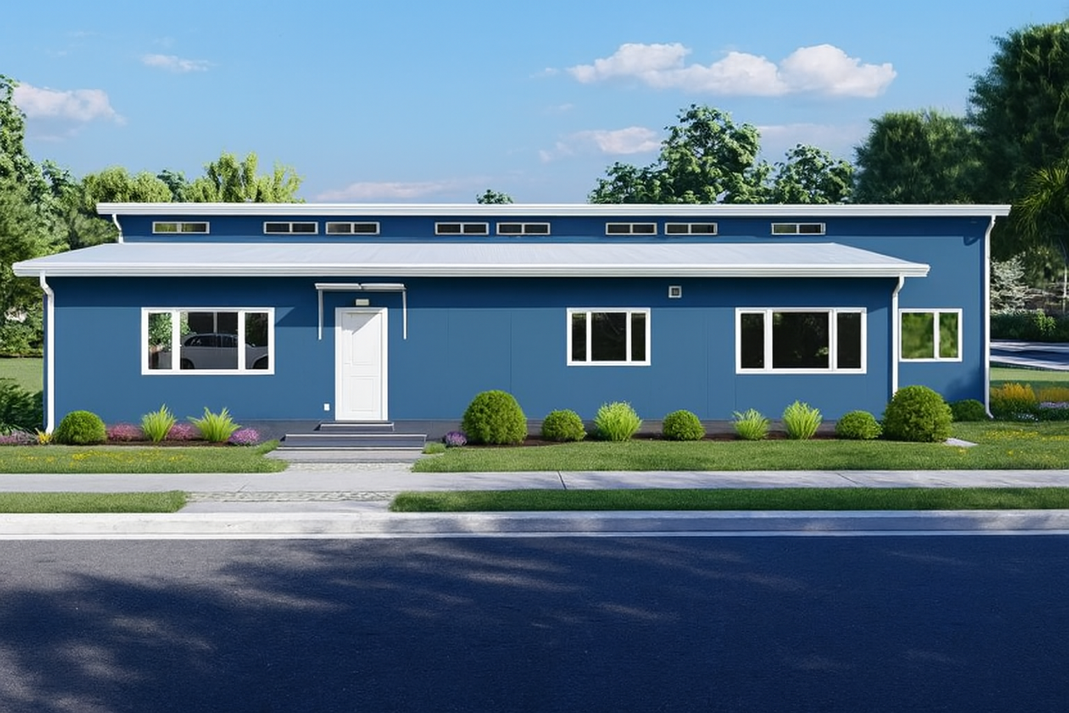 A modern blue house with white trim, multiple rectangular windows, a side door, and a sloped roof with small windows at the top. Green grass and shrubs surround the house, with a sidewalk and street in the foreground, and trees and a blue sky with clouds in the background.