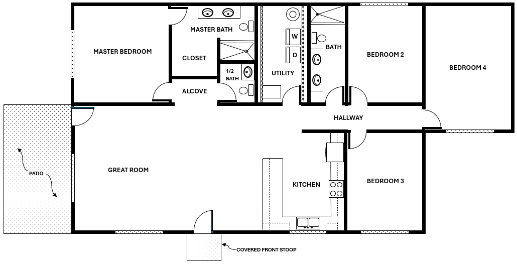 Floor plan of a house with labeled rooms including master bedroom with master bath and closet, great room, kitchen, three additional bedrooms, two bathrooms, utility room, hallway, covered front stoop, and patio.