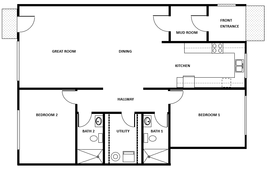 Floor plan of a house showing a front entrance, mud room, kitchen, dining, great room, hallway, bedroom 1 and 2, and two bathrooms with utility room in between.