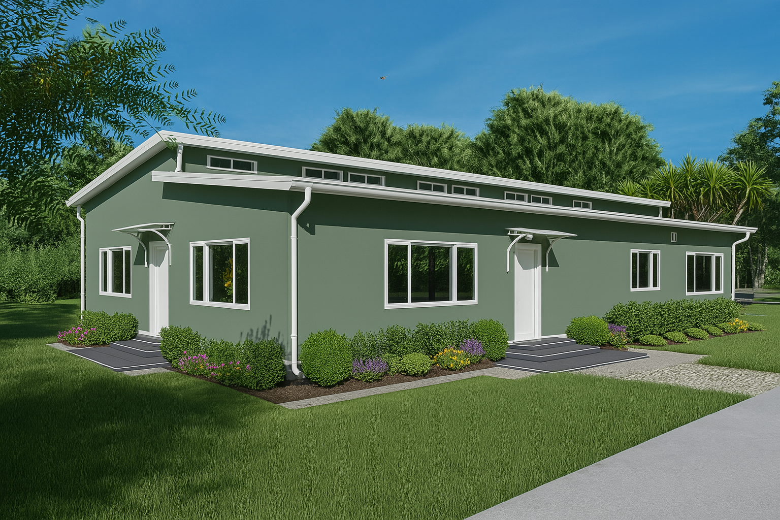 A modern two-story house painted in green with white trim, surrounded by a well-manicured lawn and landscaping, under a clear blue sky.