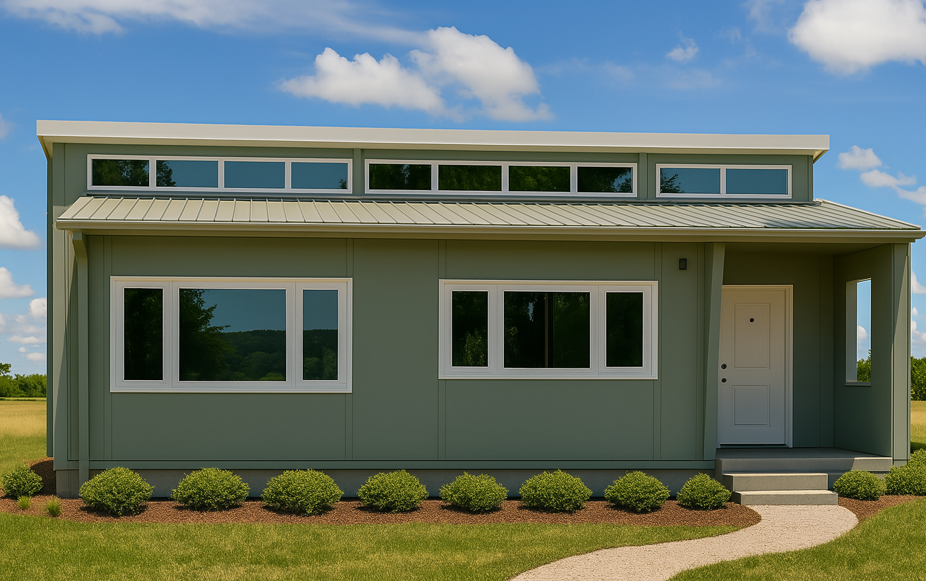 Modern green house with large windows, a sloped roof, and a small front porch with steps, surrounded by a well-maintained lawn and bushes, under a partly cloudy sky.