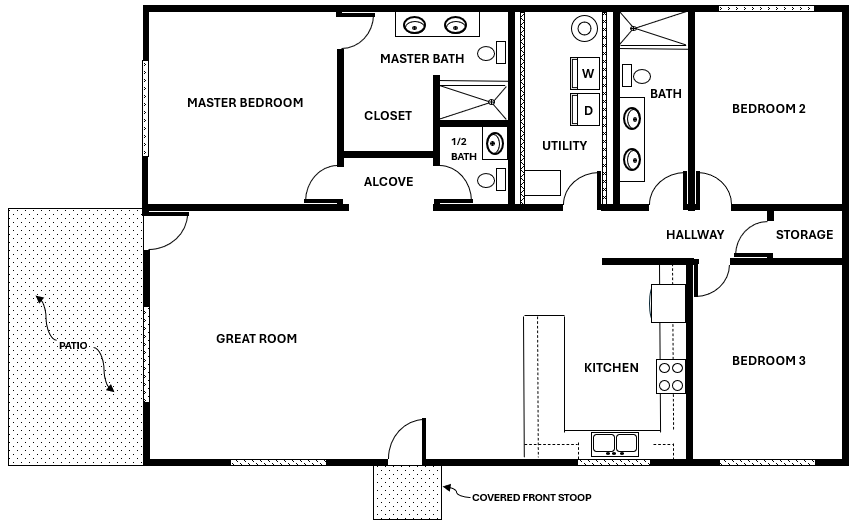 Floor plan of a house featuring a great room, kitchen, three bedrooms, two bathrooms, a utility room, hallways, a storage area, patio, and covered front stoop.