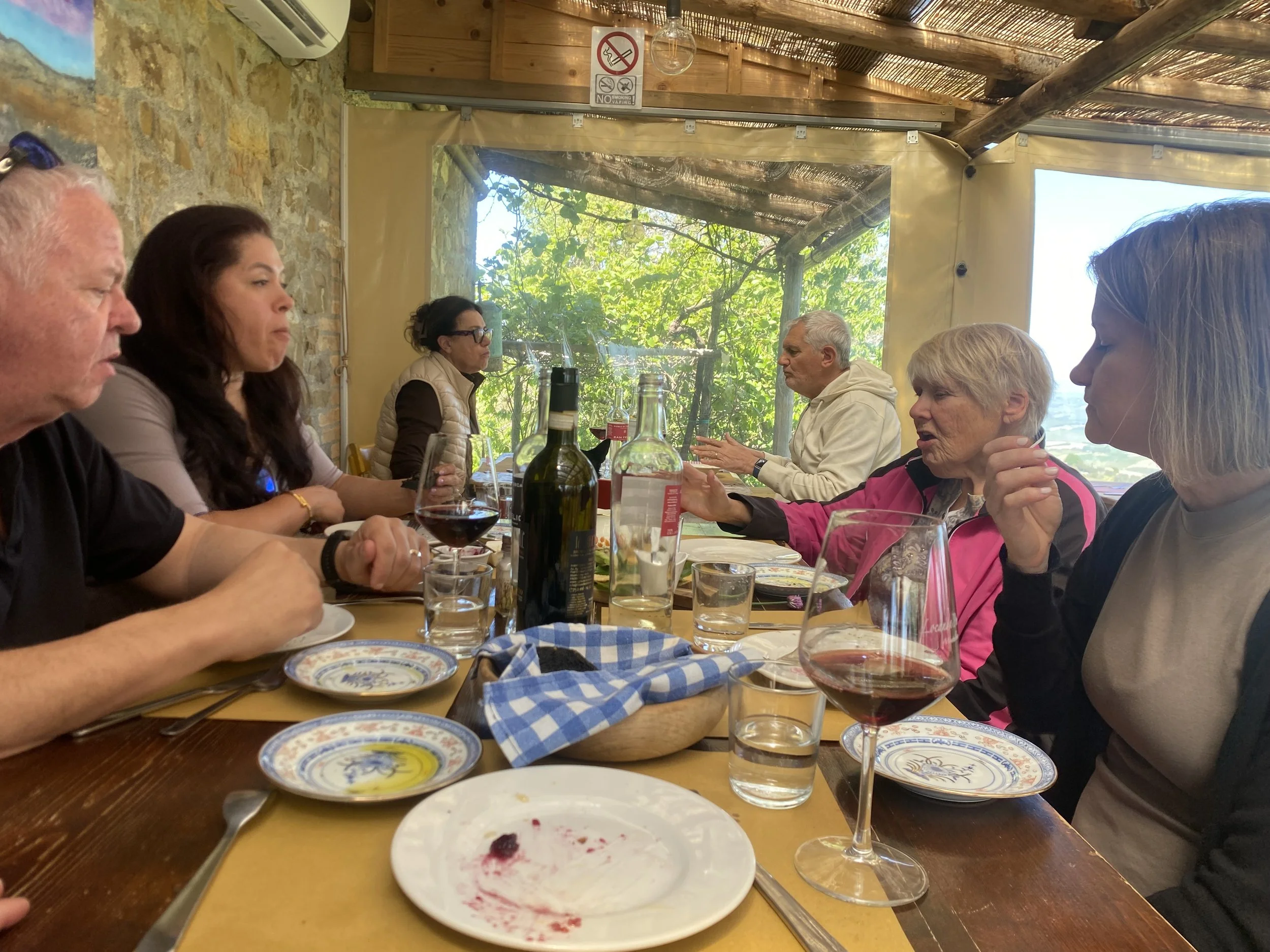 Group dining outdoors with wine