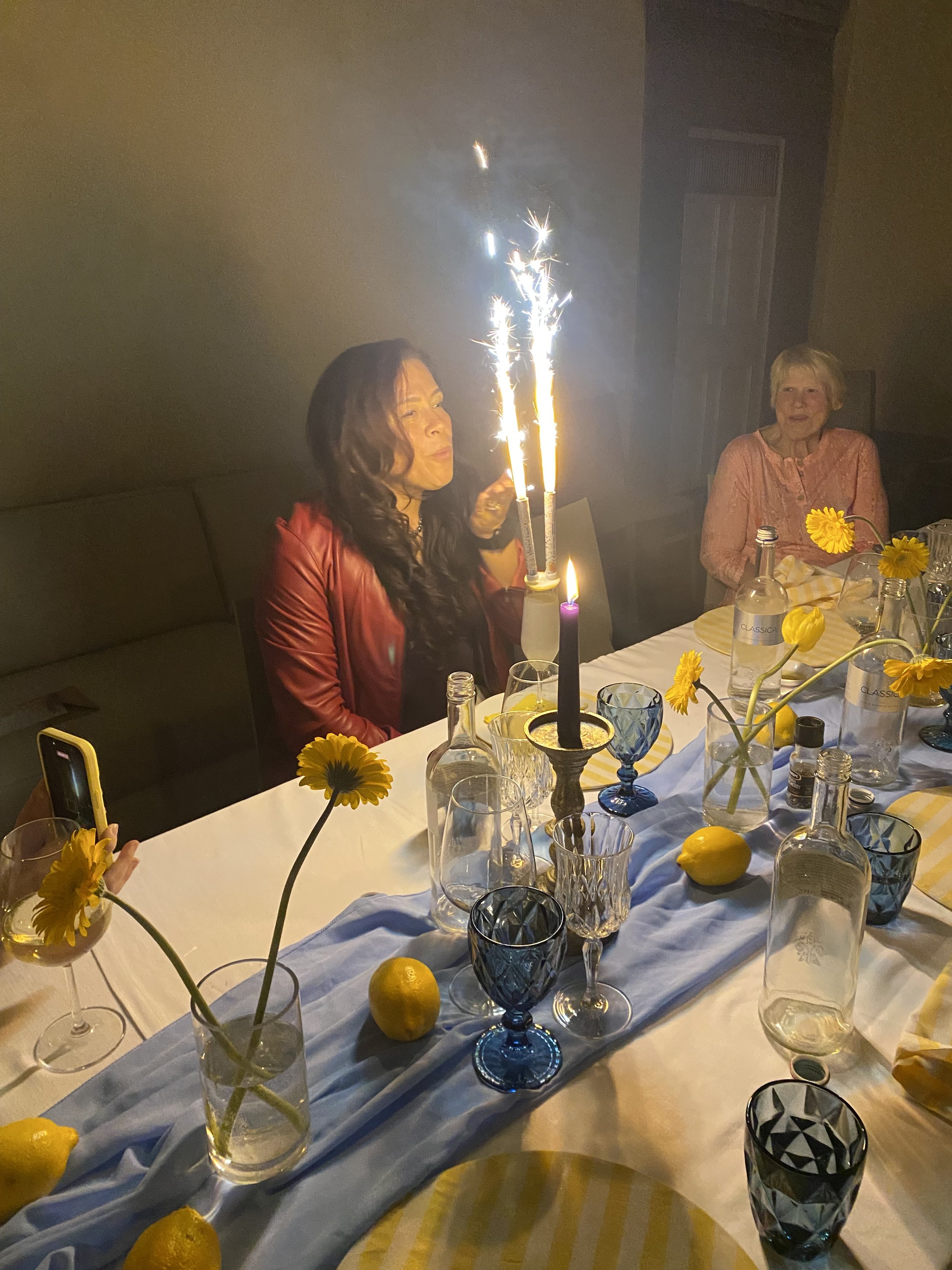 Group at long dinner table