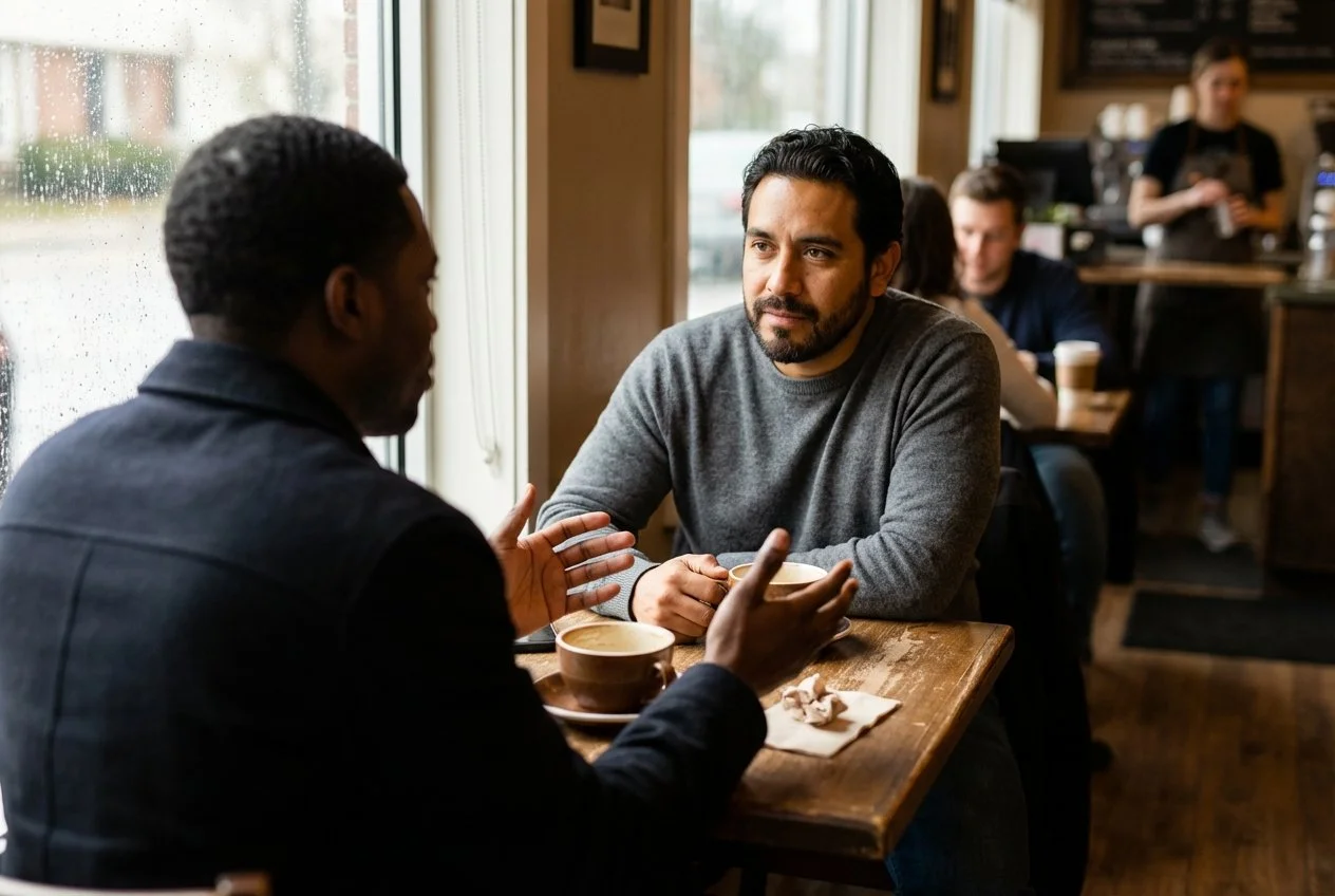 two friends talking on a coffee shop