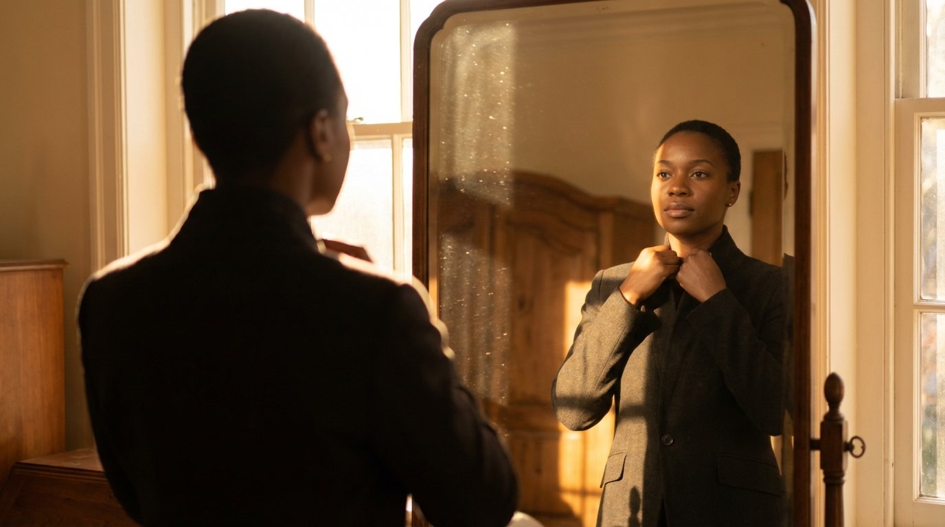 black woman looking in the mirror with a suit