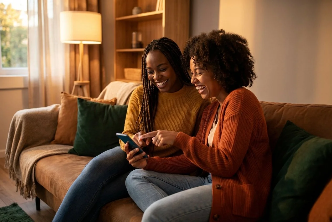 two black woman laughing in the sofa looking at their phone