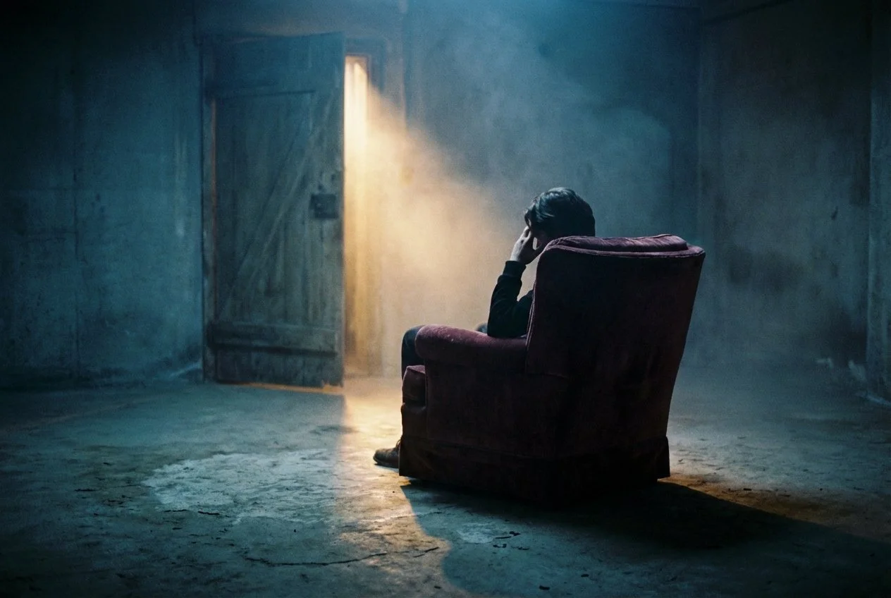 men sitting on a sofa in front of a open door with dark lighting