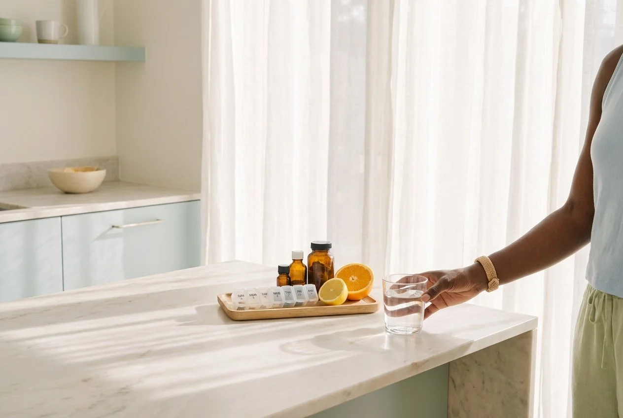 wellness supplements in the kitchen table