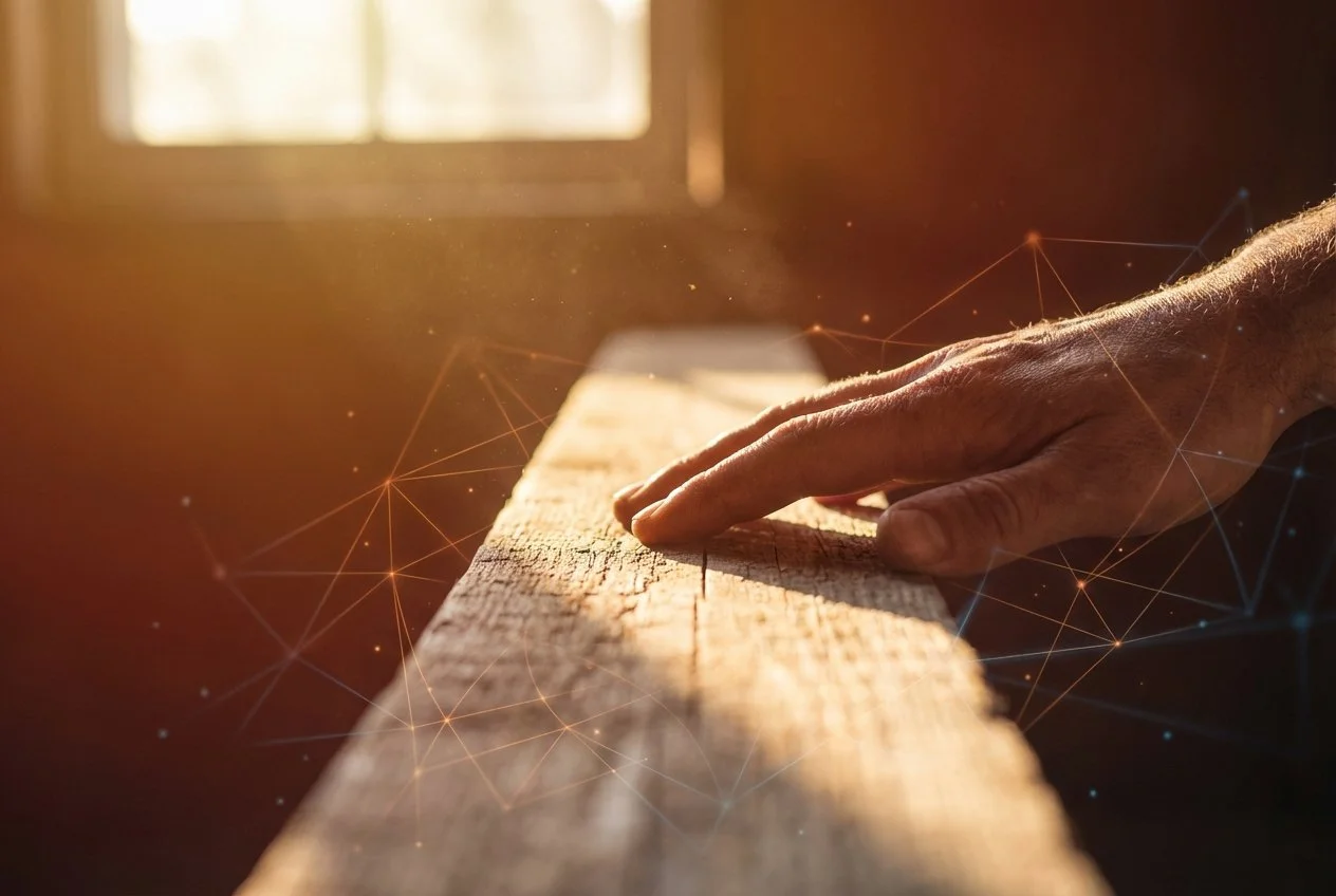a hand resting on a warm light on a wood table