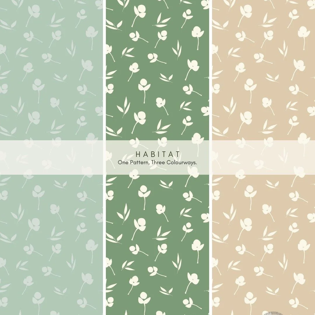 I am still loving my Habitat Pattern Collection and this post features the tossed floral in 3 colours.

I'm not sure which is my favourite though... I think the darker green.

Which colour do you like? 

Swipe to see it on a wall beside a large soake